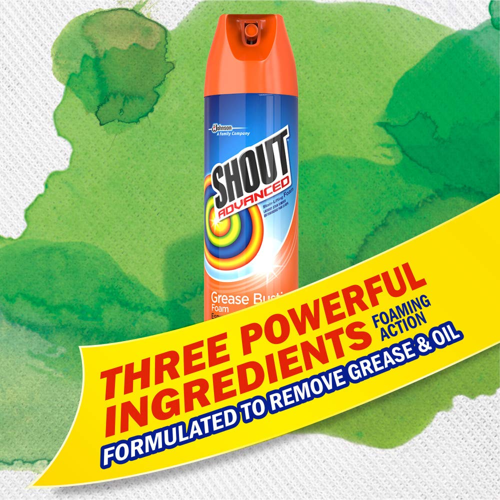 Shout Advanced Grease Busting Foam, Laundry Stain Remover, Oil and Grease Stain Remover for Clothes Laundry; Works on motor oil, bike grease, cooking oil, and more! 18oz Can