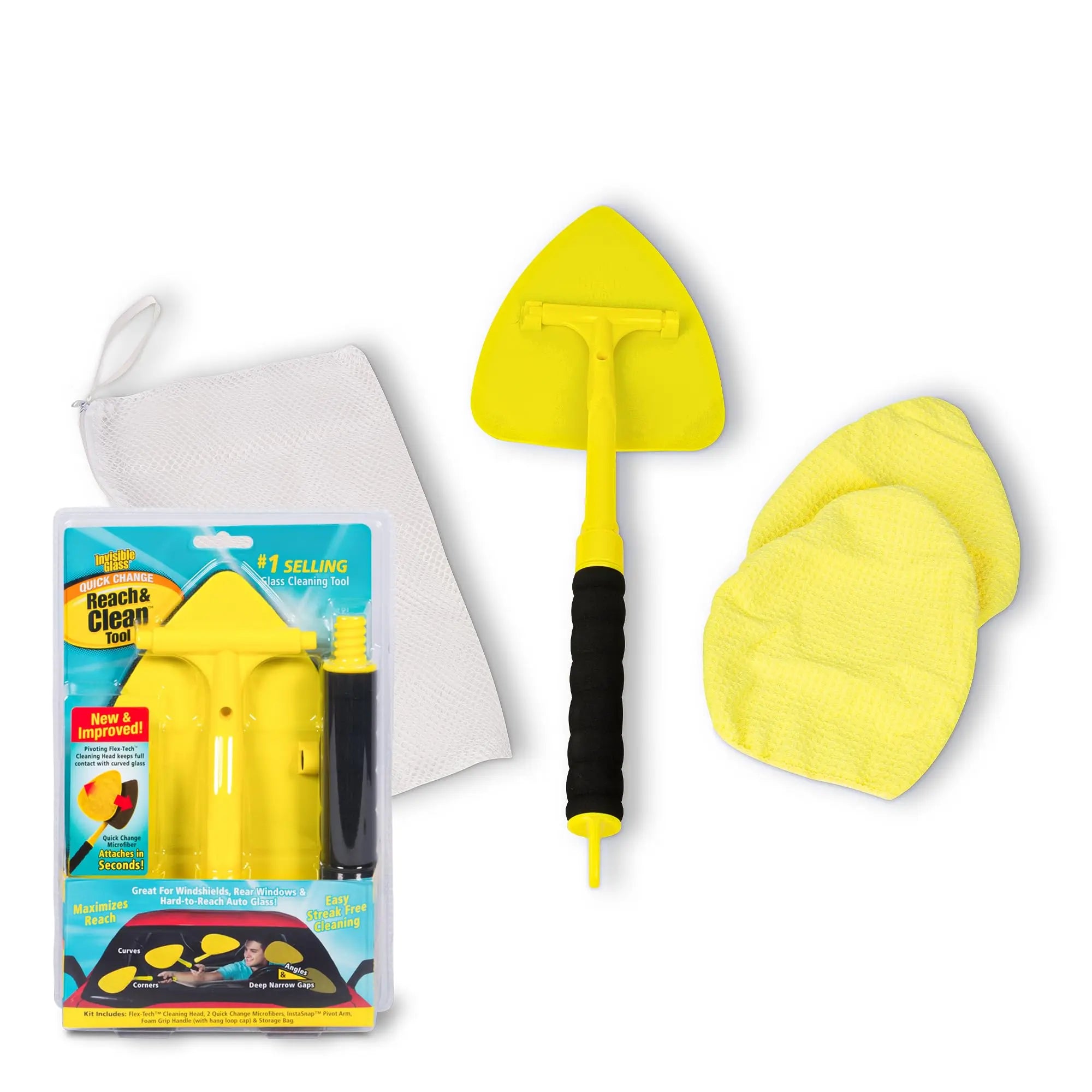Invisible Glass 95160 Reach & Clean Glass Windshield Cleaner Tool Kit With Extendable Handle, (2) Reusable Quick Change Microfibers, and Storage Bag for Auto Windshield, Trucks, SUVs, RVs, and Windows