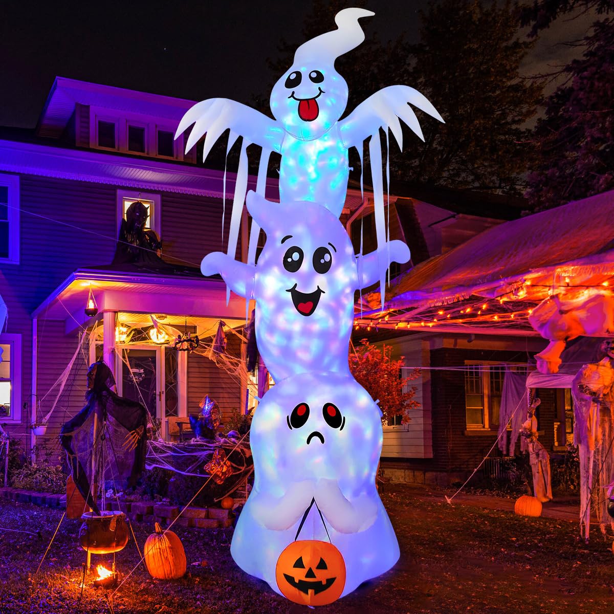 GOOSH 9,8 FT Hoher Halloween Aufblasbarer Überlappender Geist Outdoor Dekorationen Aufblasbarer Garten mit Eingebauten LEDs für Garten Rasen Innenparty Deko (Drei Geister)
