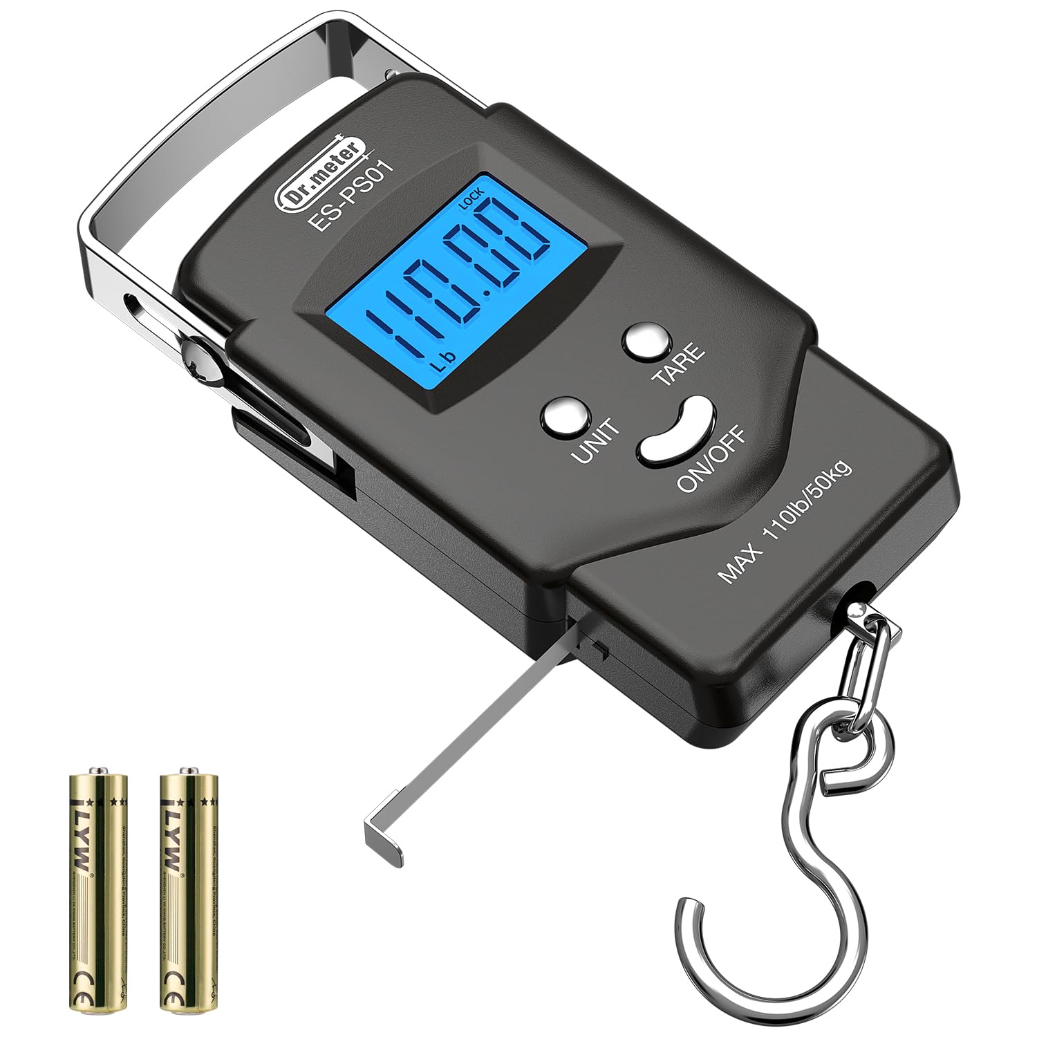 Dr.meter Fischwaage Gepäckwaage Angelausrüstung – 110lb/50kg Digitale Waage mit Hintergrundbeleuchtung und integriertem Maßband – Angelwaage mit 2 AAA-Batterien, Taschenformat – Angelgeschenke für Männer