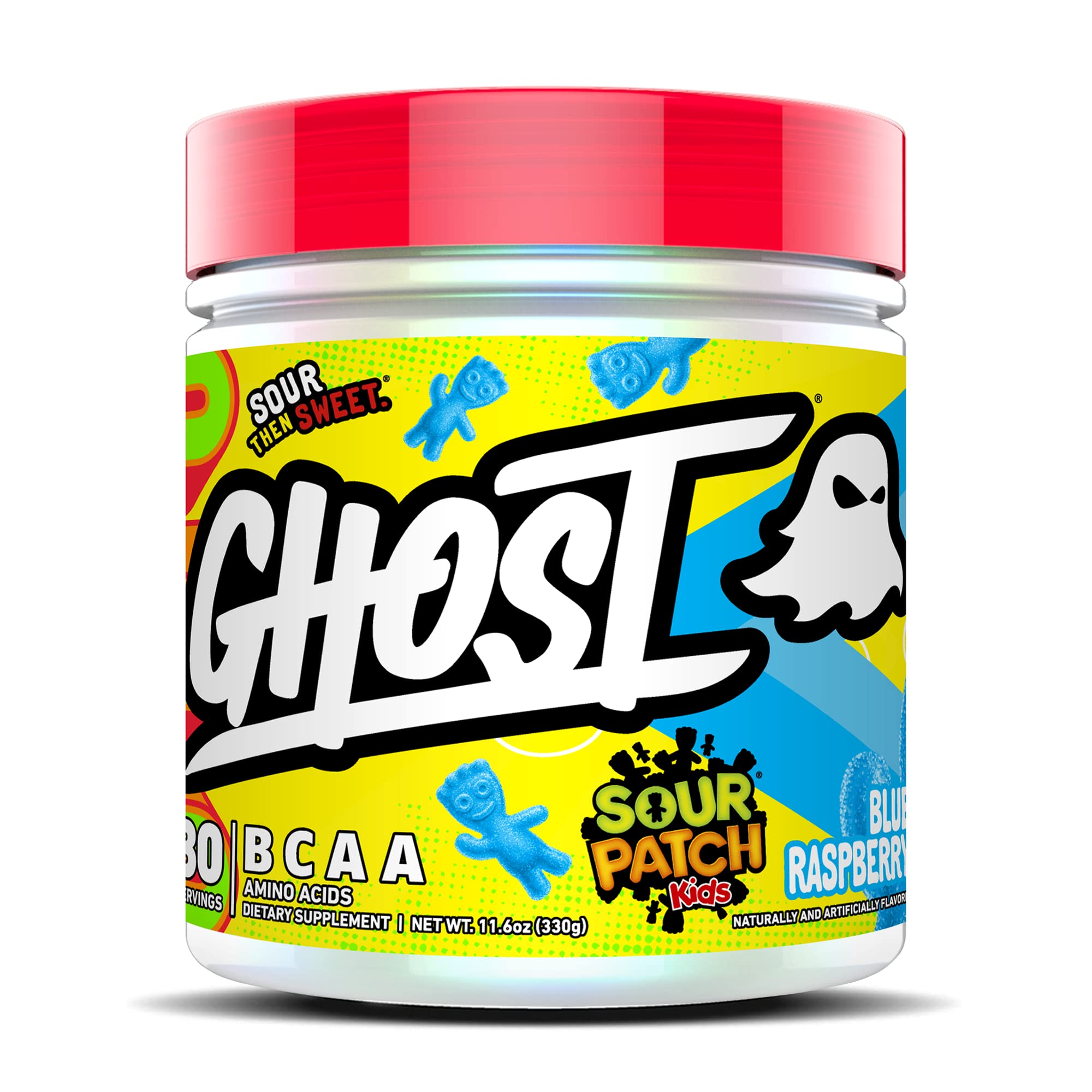 GHOST BCAA Pulver Aminosäuren-Supplement, Sour Patch Kids Blue Raspberry - 30 Portionen - Zuckerfreies Intra-, Post- & Pre-Workout Aminopulver & Recovery Drink, 7G BCAA