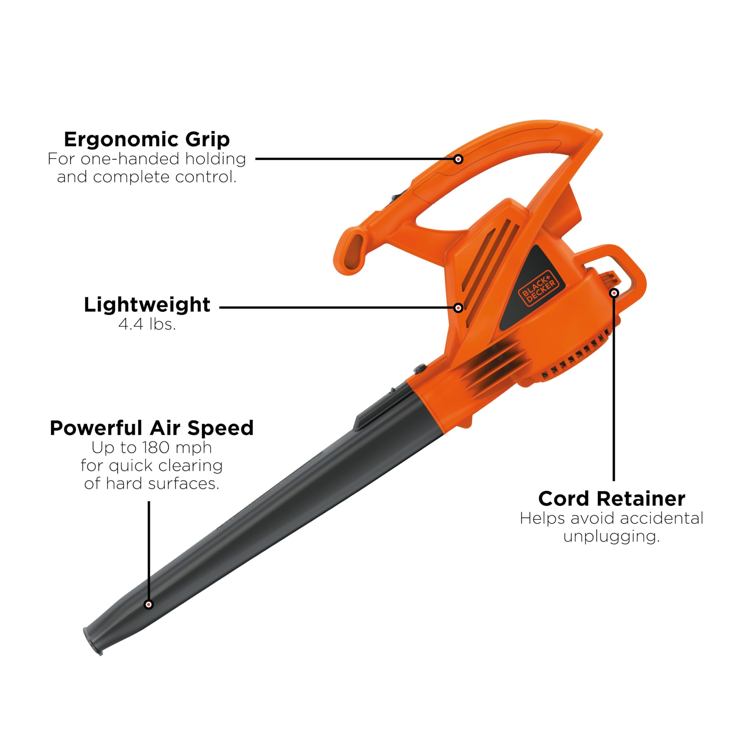 BLACK+DECKER Electric Leaf Blower, Handheld Blowers for Lawn Care, Lightweight, 180 MPH 7-Amp (LB700)