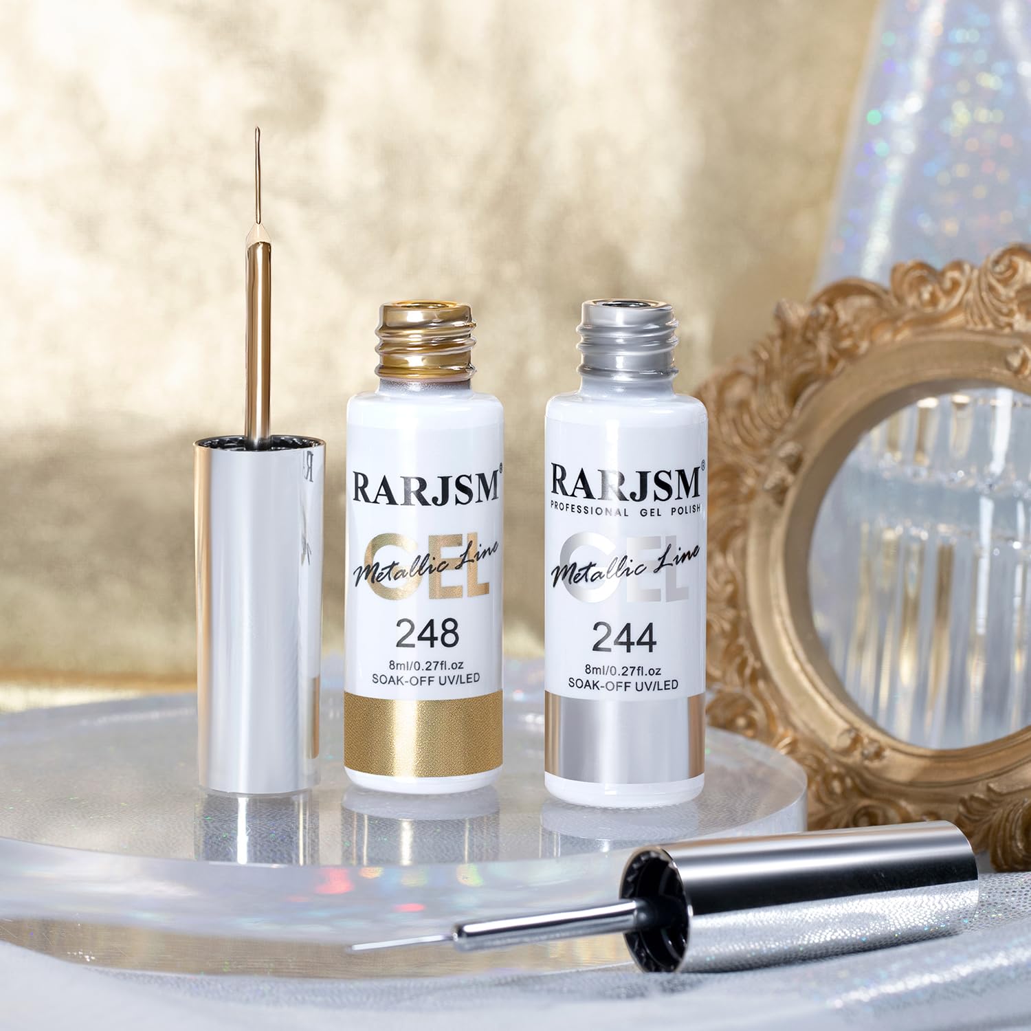 RARJSM Metallic Gel Liner Nail Art Silver Bronze Gold 2pcs Set Mirror Chrome 3D Effect Gel Nail Polish 8ml Build in Thin Brush Metal Painted Drawing Stripper Gelpolish Curing Requires for Home Salon