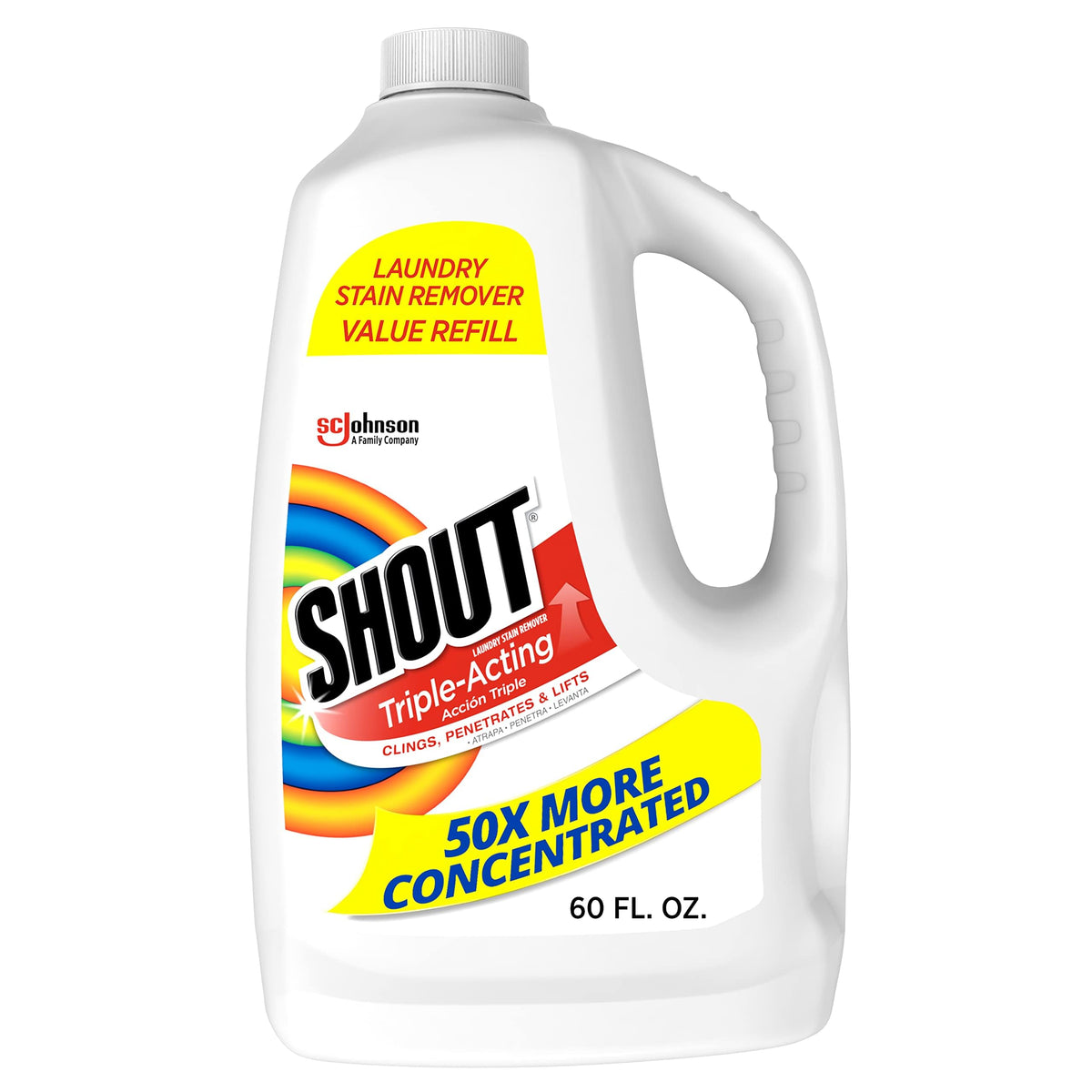 Shout Active Enzyme Wäsche-Fleckenentferner Spray für Kleidung, Dreifach-Wirkformel haftet, dringt ein und löst hartnäckige und alltägliche Flecken – Vorwasch-Nachfüllpackung 1,7L (60oz)