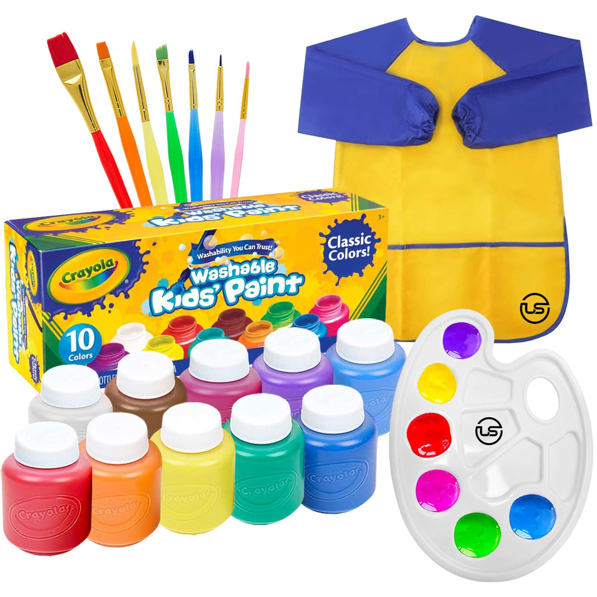 Kinder Malset, abwaschbare Farbe für Kinder 10 Farben, 7 Pinsel, Mischpalette, Malschürze, ungiftige Temperafarben je 60 ml, Malfarben für Kleinkinder, Geschenkset Kunst & Basteln