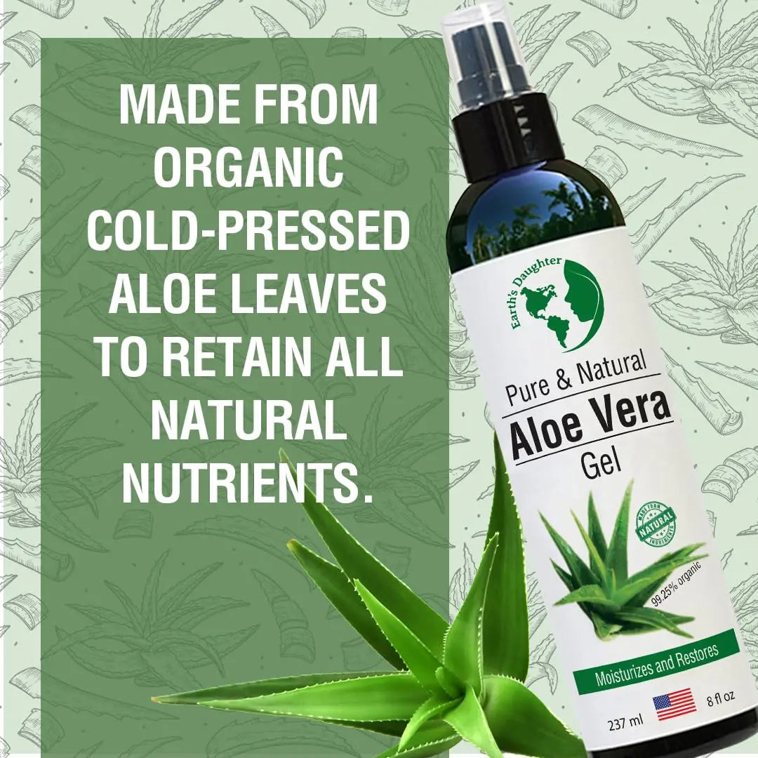 Earth's Daughter Organic Aloe Vera Gel from 100% Pure and Natural Cold Pressed Aloe - Great for Face - Hair - Acne - Sunburn - Bug Bites - Rashes - Eczema - 8 Oz.