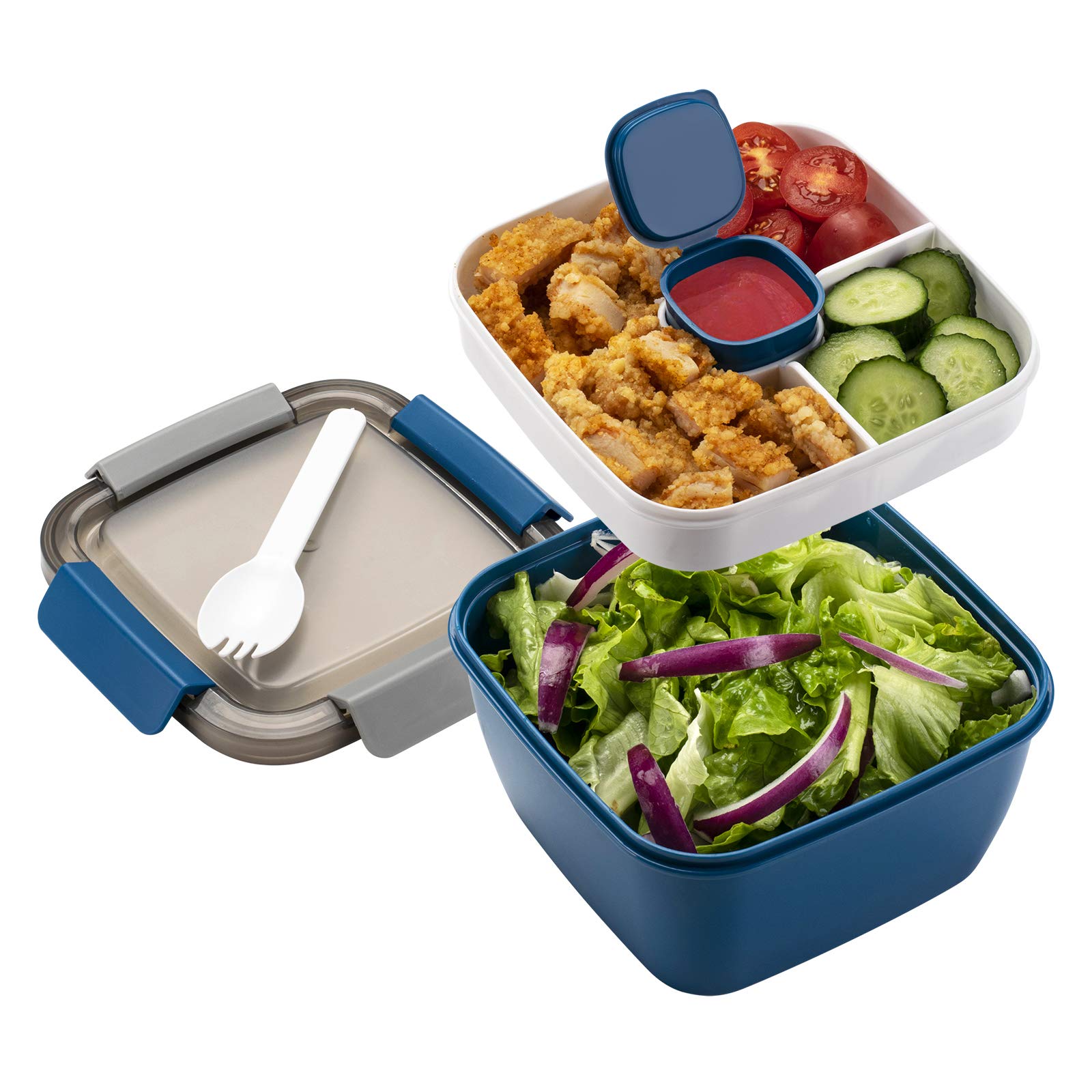 Freshmage Salatschüssel To Go, 1,5-Liter-Salatschüssel mit 3 Fächern, Salatdressing-Behälter für Salattoppings, Snacks, Männer, Frauen (Blau)