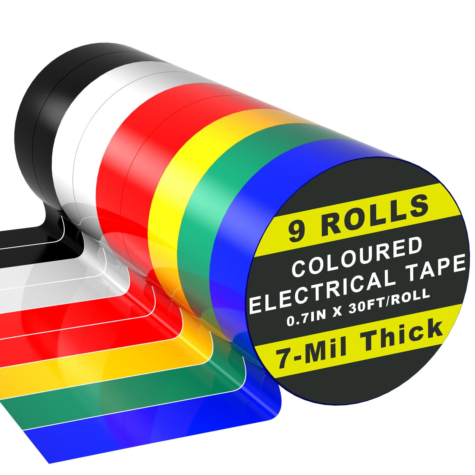 Giwiemi 9 Rollen farbiges Isolierband – professionelles weißes, schwarzes, rotes, grünes, blaues, gelbes Isolierband (0,7 Zoll x 30 Fuß), Elektroband ist für den privaten, gewerblichen und industriellen Gebrauch geeignet
