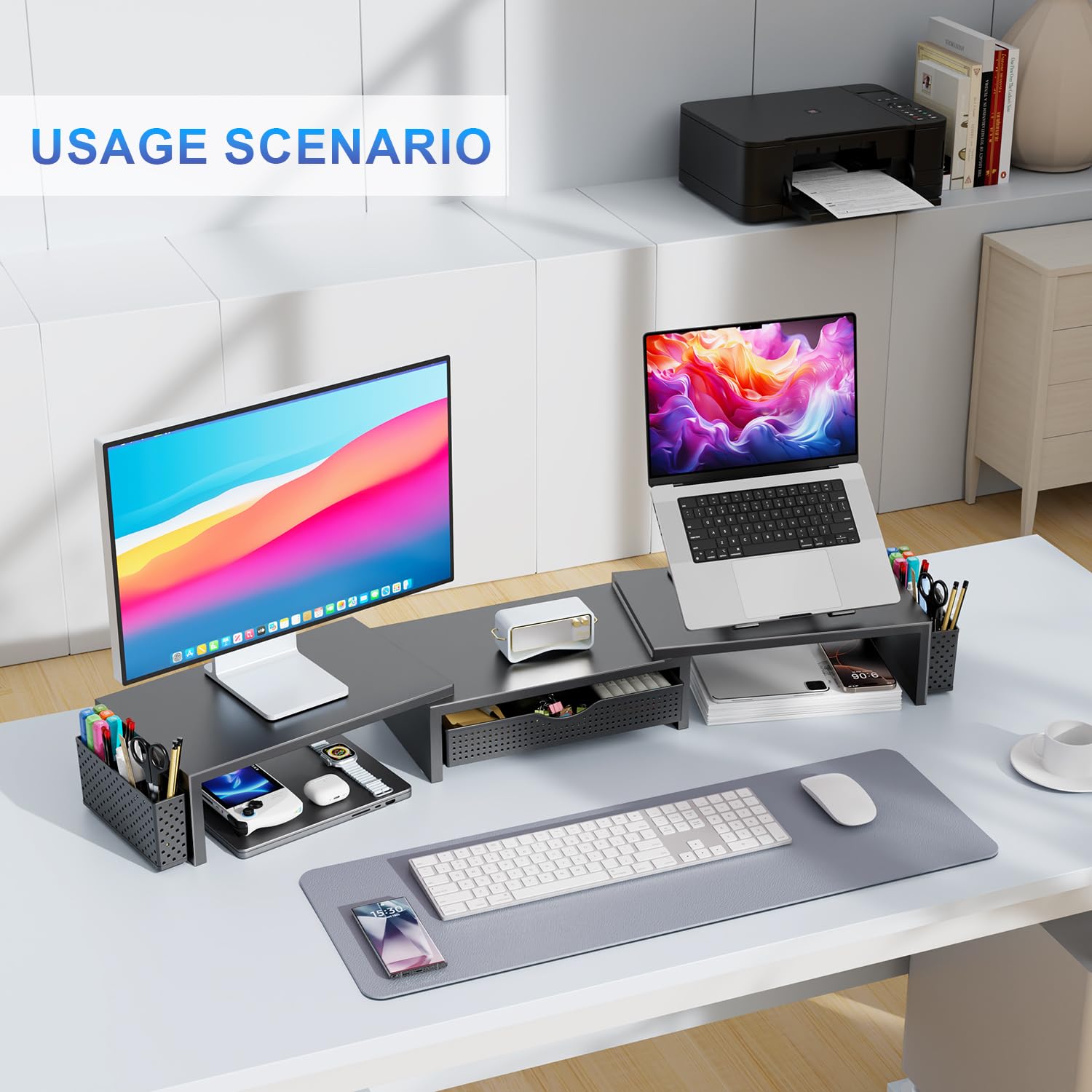 gianotter Dual Monitor Stand Riser, Desk Organizer With Drawer and 2 Pen Holders, Computer Monitor Stand, Desk Shelf for Top of Desk, Balck