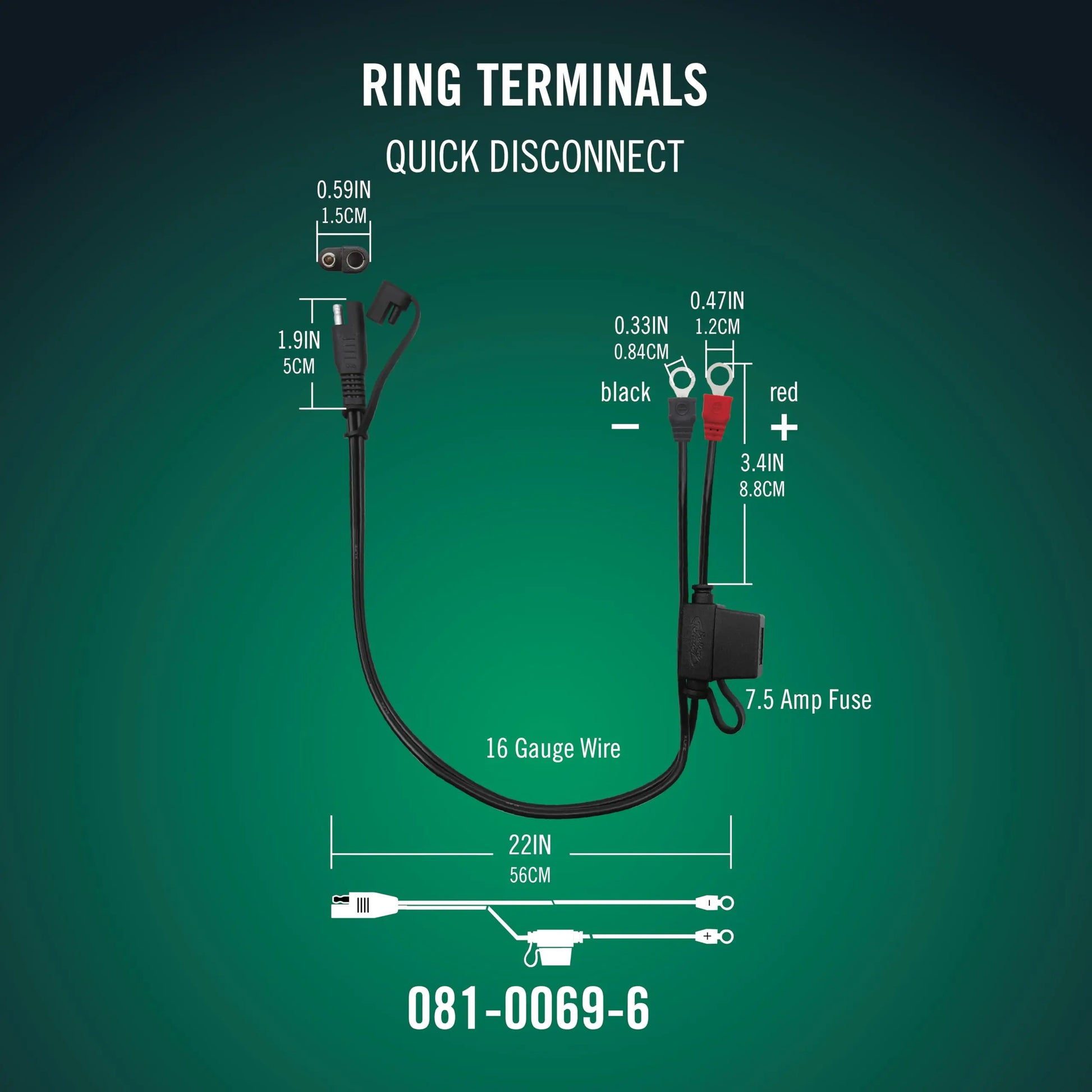 Battery Tender Ring Terminal Harness Accessory Cable - 18 inch Cord Adapter with SAE Quick Disconnect - Easy Quick Convenient for Motorcycles, Cars, ATVs and More - 081-0069-6
