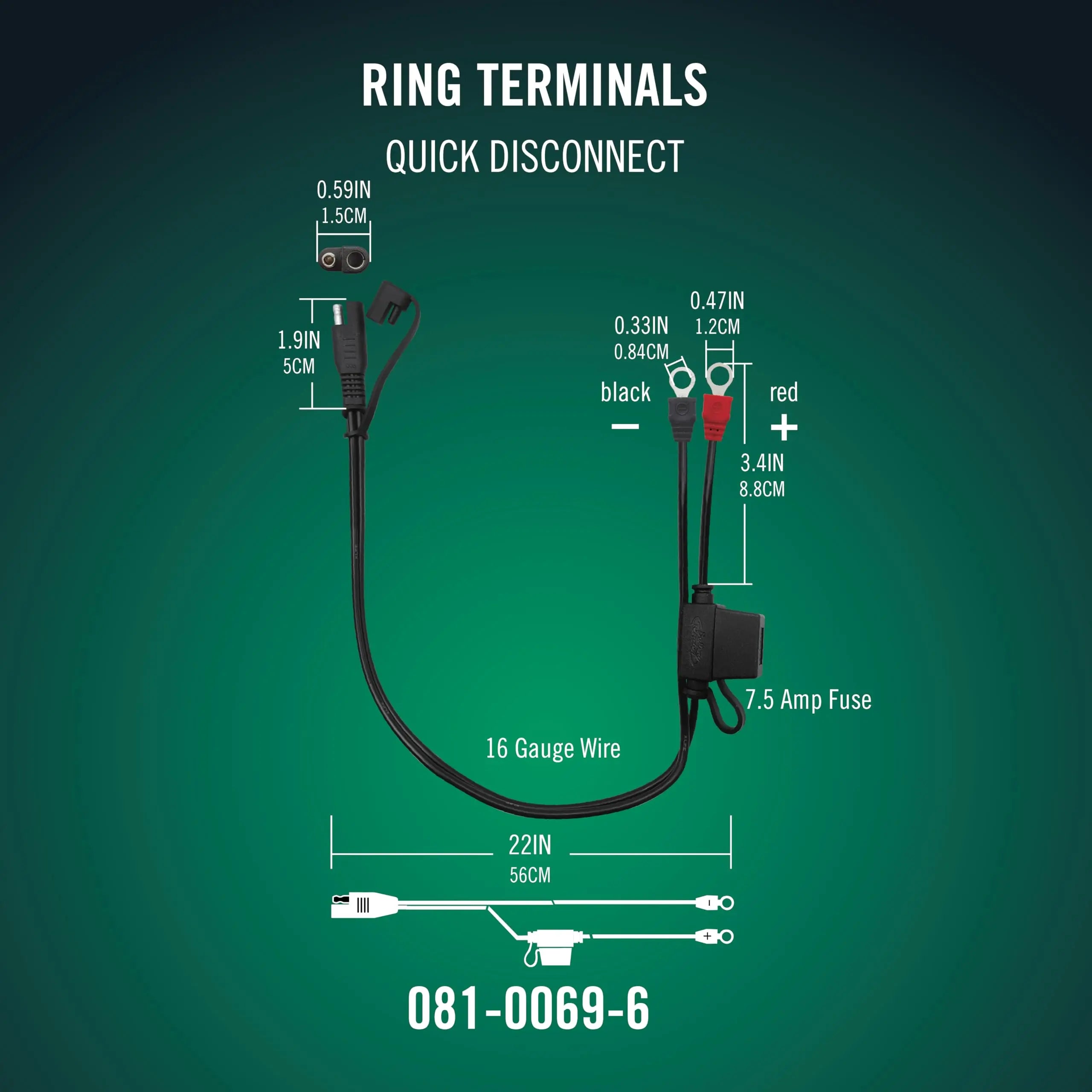 Battery Tender Ring Terminal Harness Accessory Cable - 18 inch Cord Adapter with SAE Quick Disconnect - Easy Quick Convenient for Motorcycles, Cars, ATVs and More - 081-0069-6