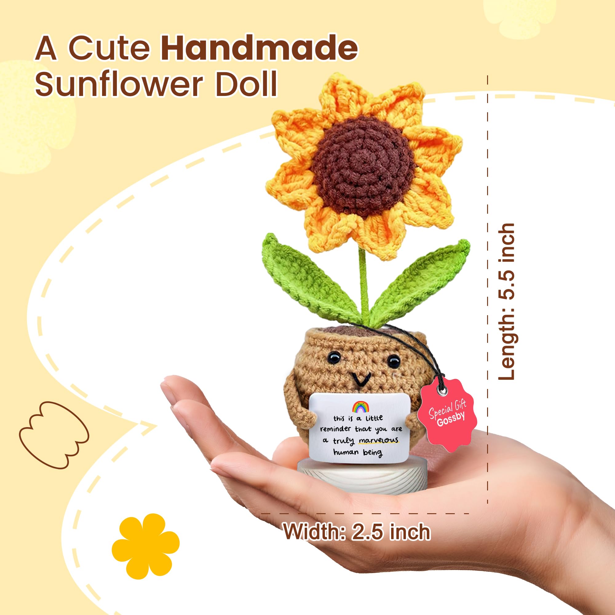 Gossby Positive Sunflower Doll Crochet with Card - This is A Little Reminder - Appreciation Gift for Coworker, Best Friend, Teacher, Sister, Mom - Christmas, Birthday, Thank You Gift for Women, Men
