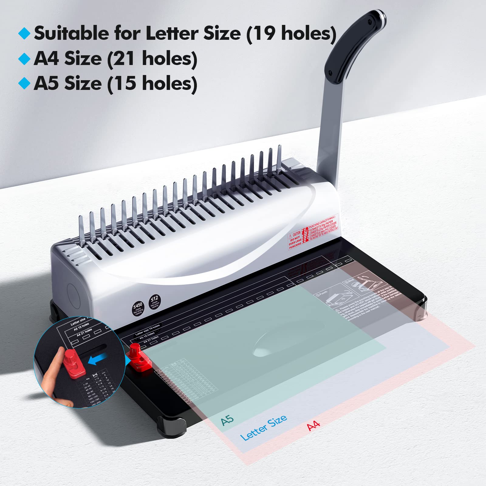 MAKEASY Binding Machine, 21-Hole, 450 Sheets, Comb Binding Machines with 1 Box Comb Bindings Spines, Comb Binder for Letter Size, A4, A5 Paper
