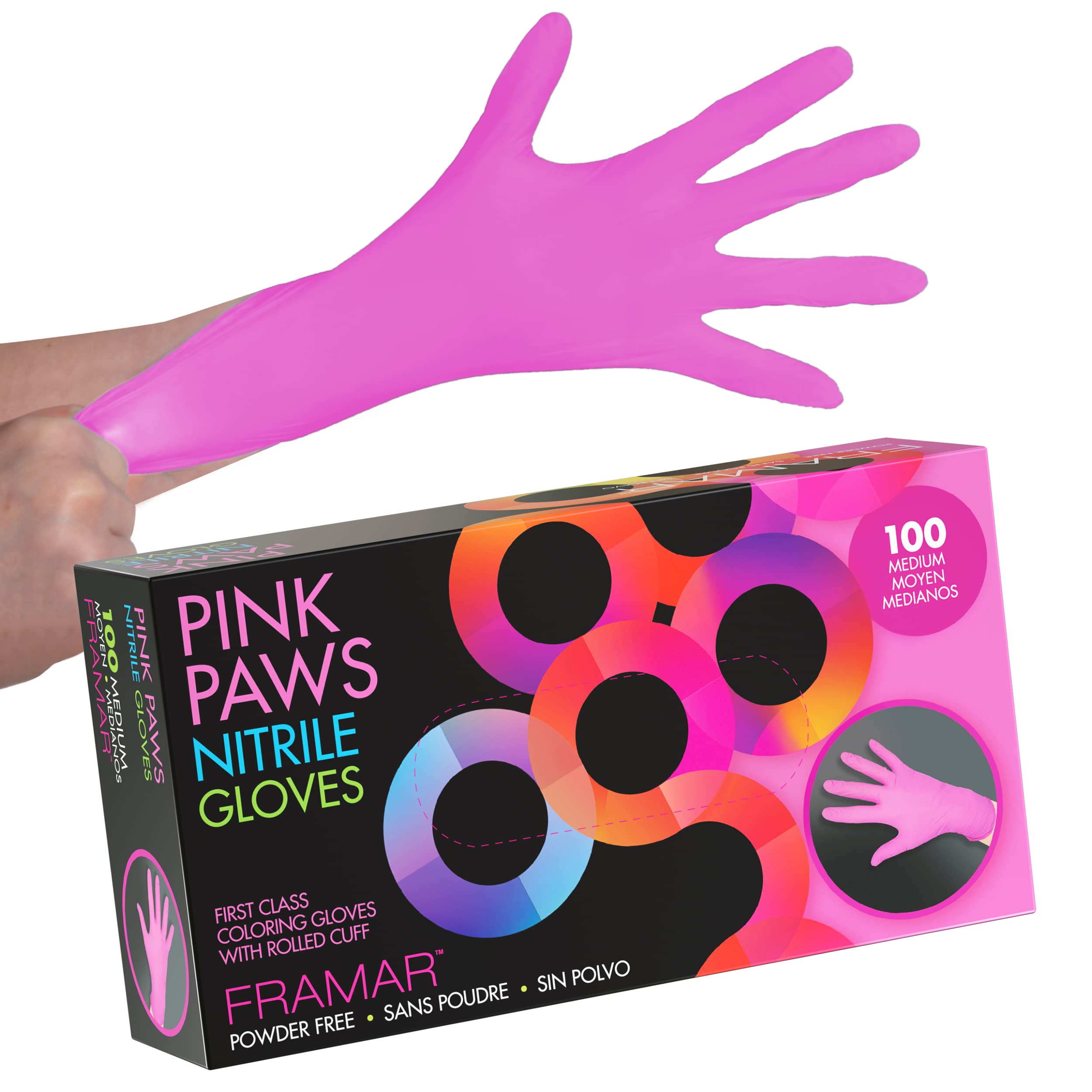 FRAMAR Pink Gloves Einweghandschuhe puderfrei – pinke Nitrilhandschuhe Medium, latexfreie Handschuhe Medium, Guantes De Nitrilo, zum Haarefärben, für Salon, Reinigung, Tattoo, Lebensmittelzubereitung, puderfrei – 100 Stück