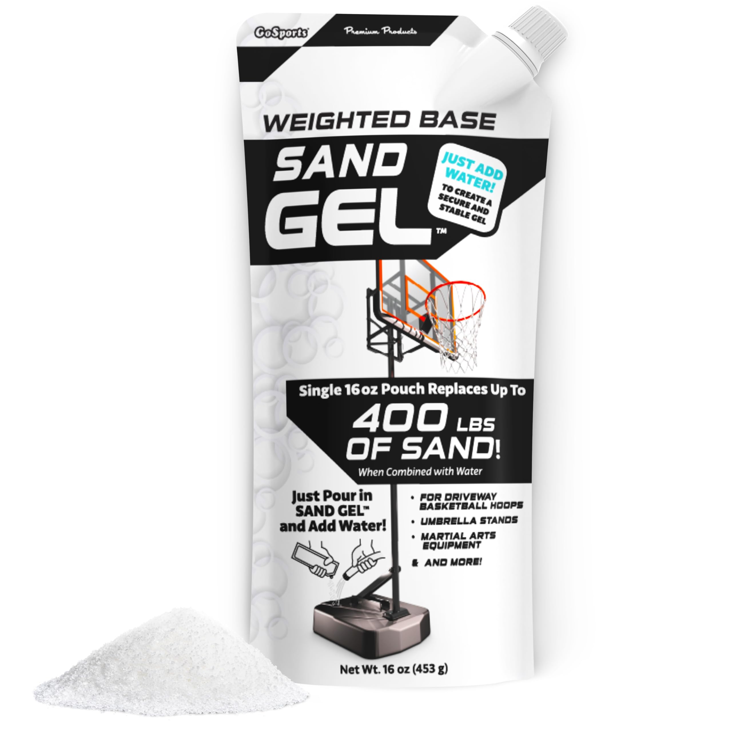 GoSports Sandgel-Gewichtsbasis-Füllung für Basketballkörbe (innen/außen), Sonnenschirmfüße und mehr – 450 g, einfach Wasser hinzufügen