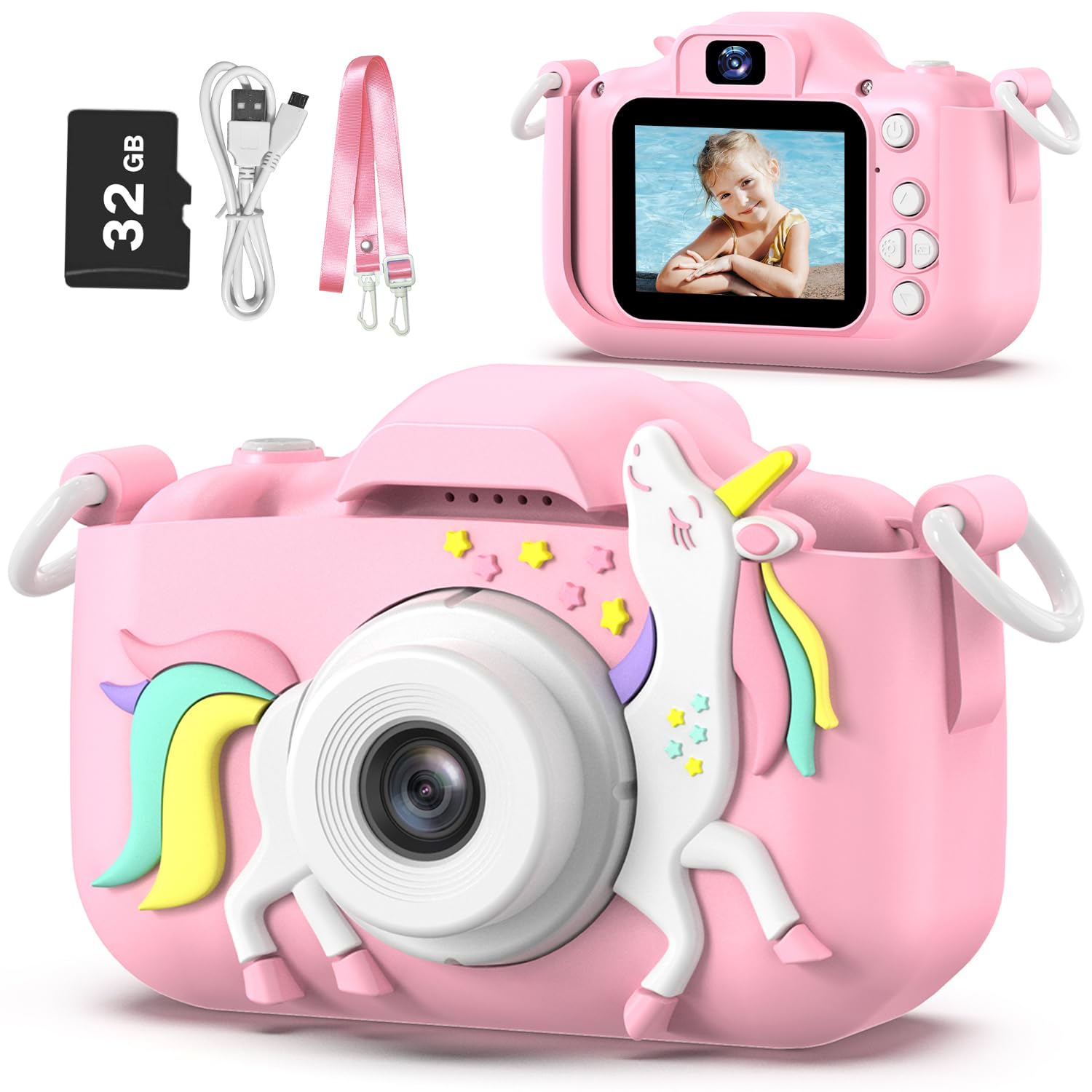 Goopow Kinderkamera Spielzeug für 3-8 Jahre alte Mädchen Jungen, Digitale Kinder-Videokamera mit Cartoon-Softcover, Bestes Weihnachts-Geburtstags-Festgeschenk für Kinder - 32G SD-Karte enthalten