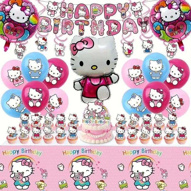 48 Teile - Kitty Geburtstagsparty Deko-Set, mit Banner, Ballons, Tortenaufsatz, Cupcake-Topper, Hängedekorationen, Tischdecke.