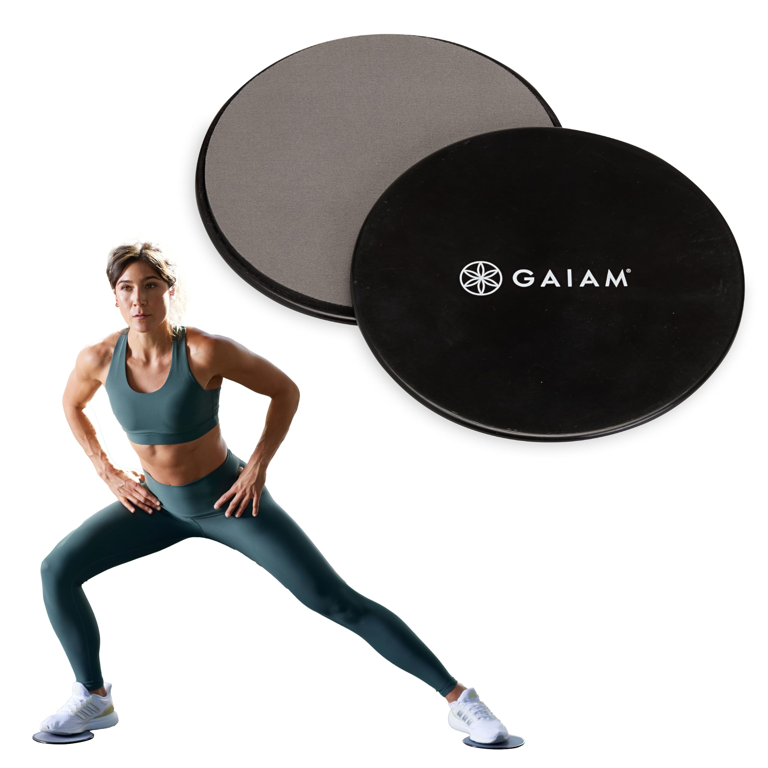 Gaiam Core Sliding Discs – Beidseitige Workout Slider für Teppich- und Holzboden – Bauchmuskel-Pads Trainingsgeräte Fitness-Slider für Damen und Herren, Grau/Schwarz