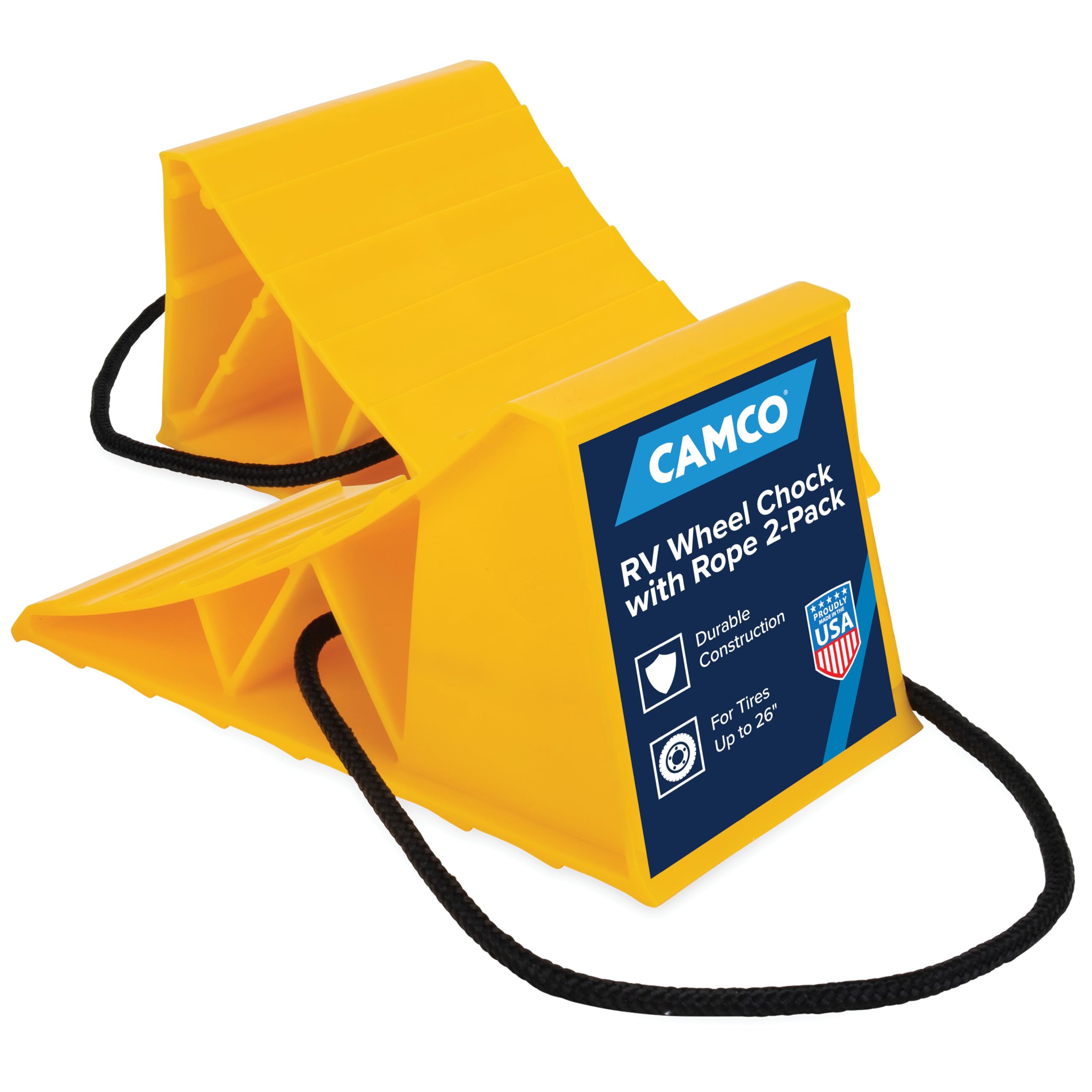 Camco Camper & RV Wheel Chock with Rope - Keeps Trailer in-Place to Safely Unhitch or Park - Compatible with Wheels Up to 26" in Diameter & Molded of Heavy-Duty Hard Plastic - 2-Pack - 44471