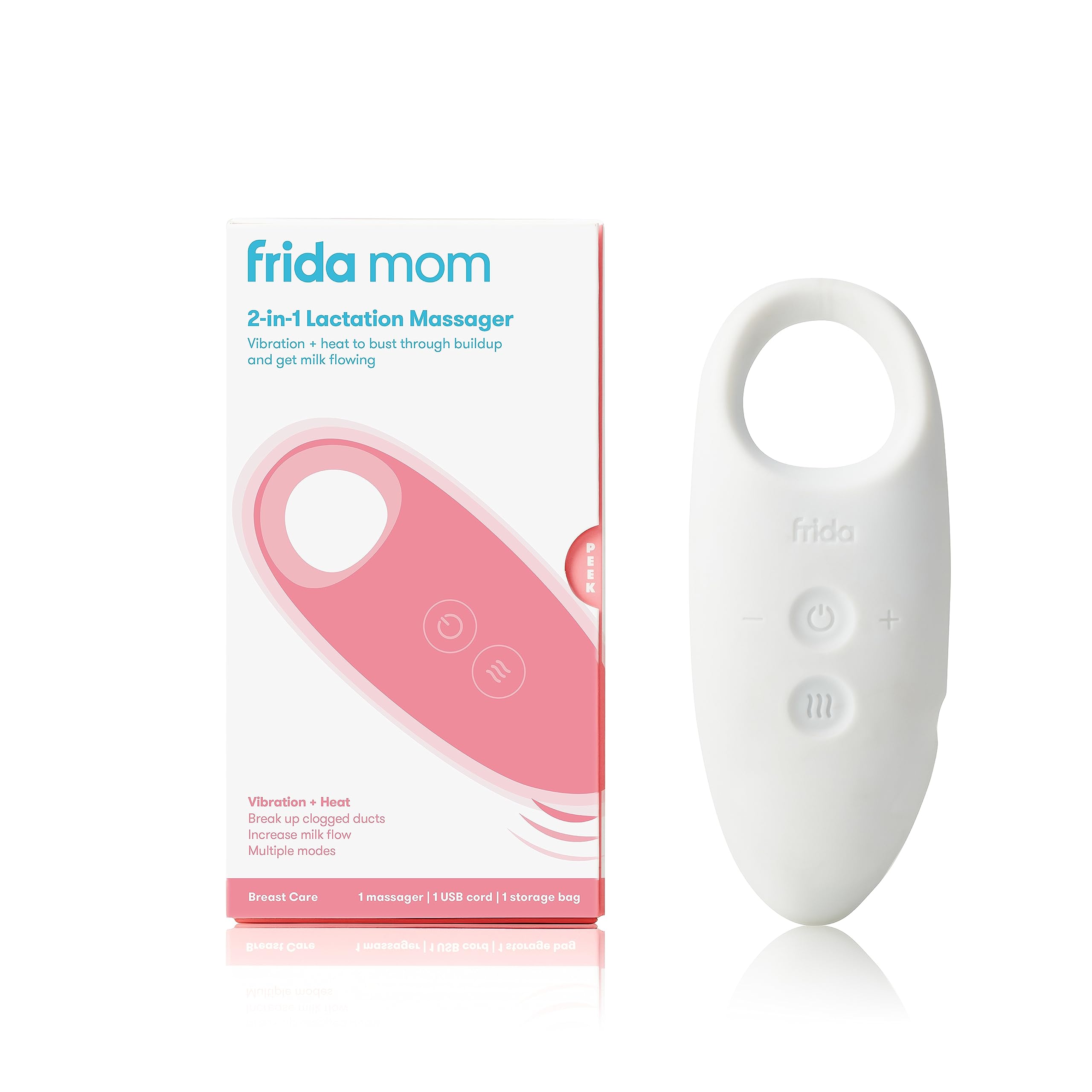 Frida Mom 2-in-1 Laktationsmassagegerät, mehrere Wärme- und Vibrationsmodi für verstopfte Milchgänge, zur Steigerung des Milchflusses, bei Brustverhärtung – USB-Kabel enthalten, Weiß