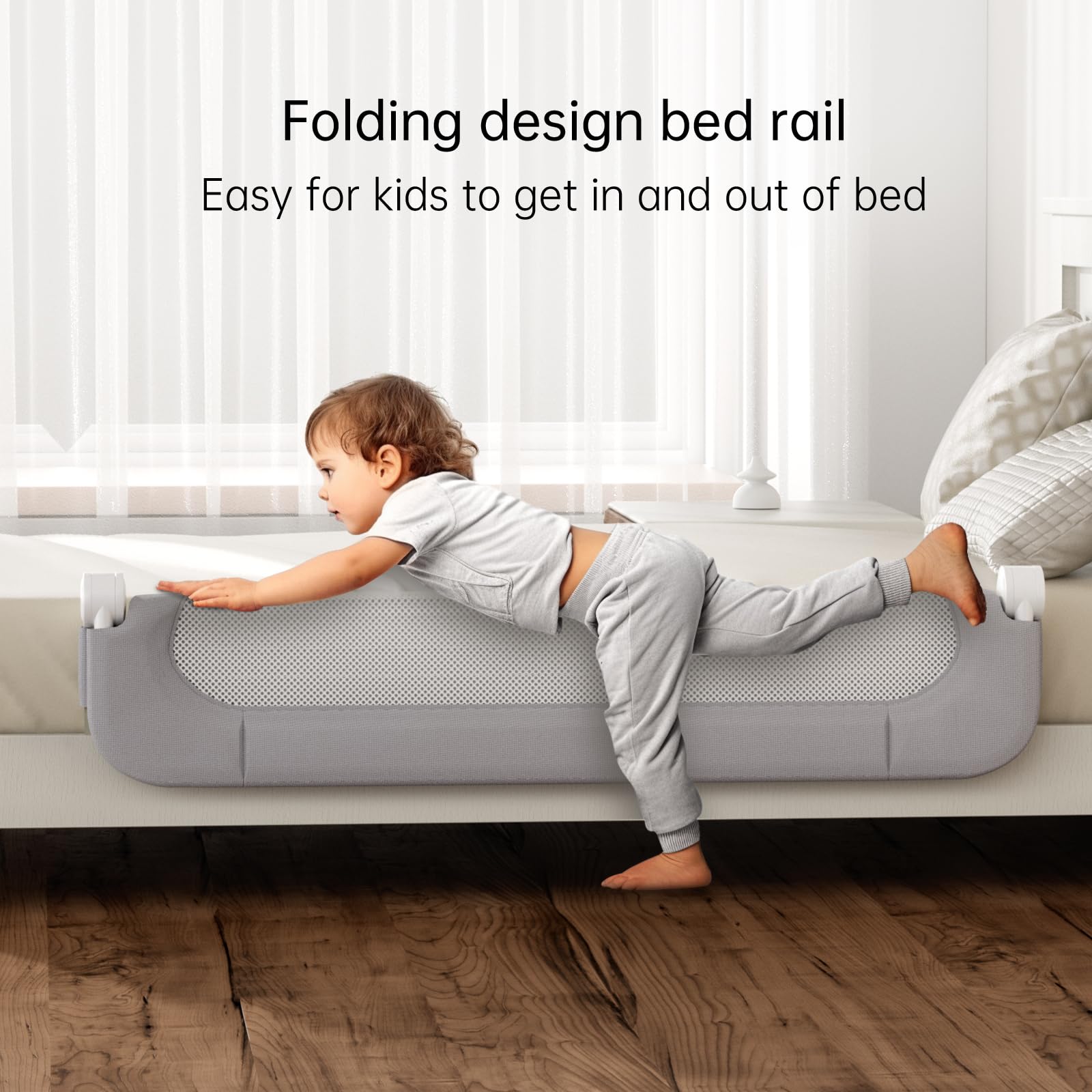 UPGOGO Folding Bed Rail for Toddlers,Baby Bed Rail Guard with Reinforced Anchor Safety System,Fit Bunk,Full Size,Queen,King,Twin(Grey,71"x23.6")