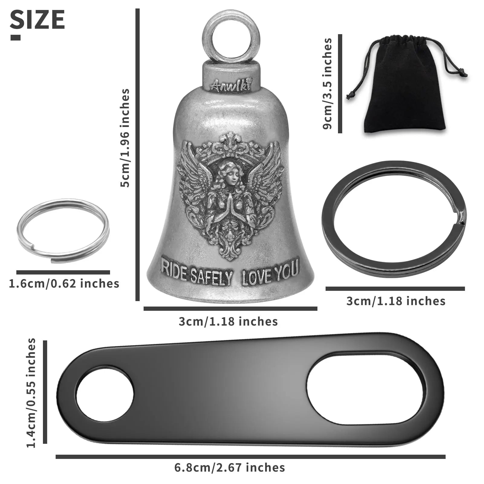 Anwlki Biker Guardian Luck Riding Bell Motorcycle Gremlin Bells with 2 Key Chain Ring Accessories, Motorcycle Bell Hanger (Guardian Angel)