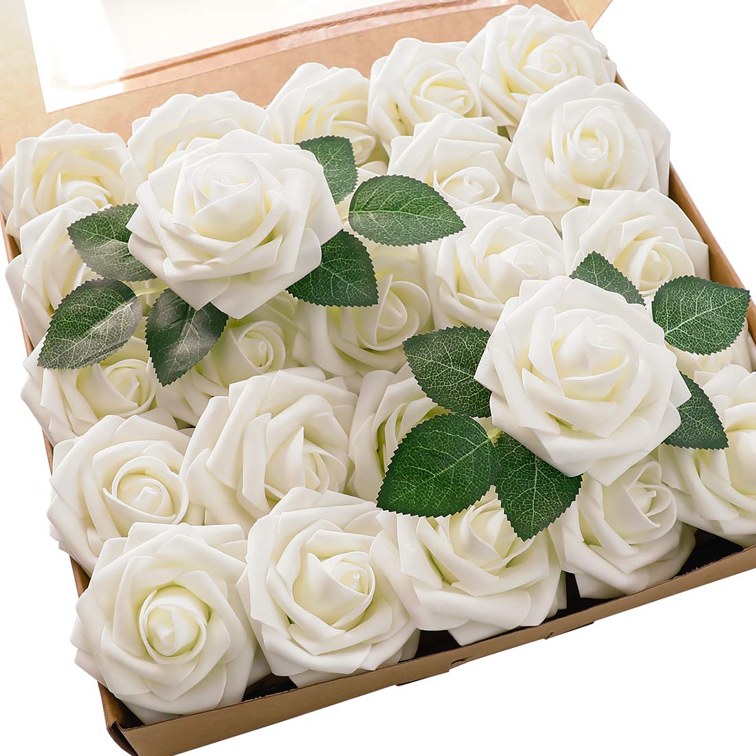 Floroom Künstliche Blumen, 25 Stück, echt aussehende elfenbeinfarbene Schaumrosen mit Stielen für DIY Hochzeitssträuße, weiße Brautparty-Mittelstücke, Arrangements, Partytische, Dekorationen