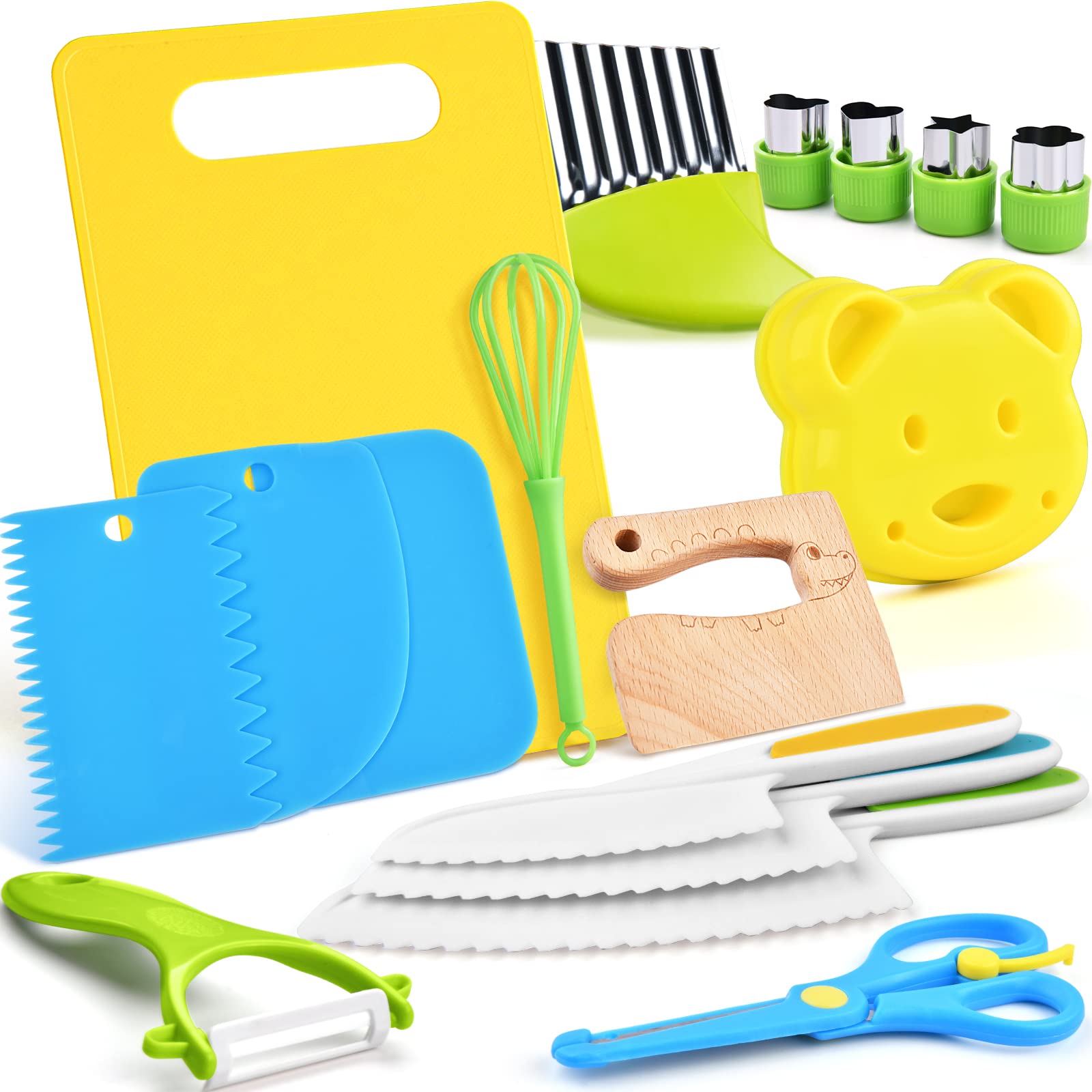 17PCS Kids Cooking Sets Real Cooking Montessori Kitchen Toys for Toddlers Kids Safe Knives for 2/3/4/5/6/7/8 Year Old