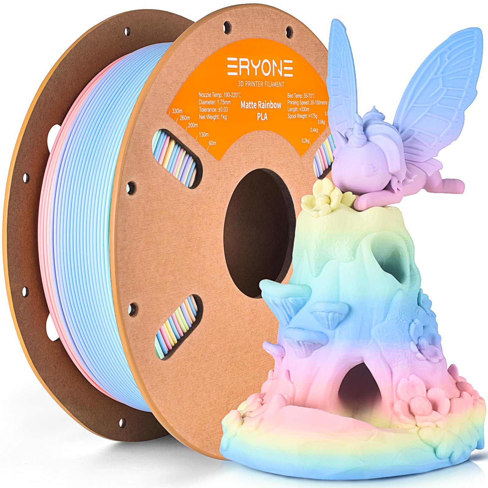 ERYONE Mattes Regenbogen 3D-Drucker PLA-Filament 1,75 +/- 0,03mm, Mattes Multicolor Filament PLA 1KG (2,2LBS) Spule, Mattes Macaron Regenbogen