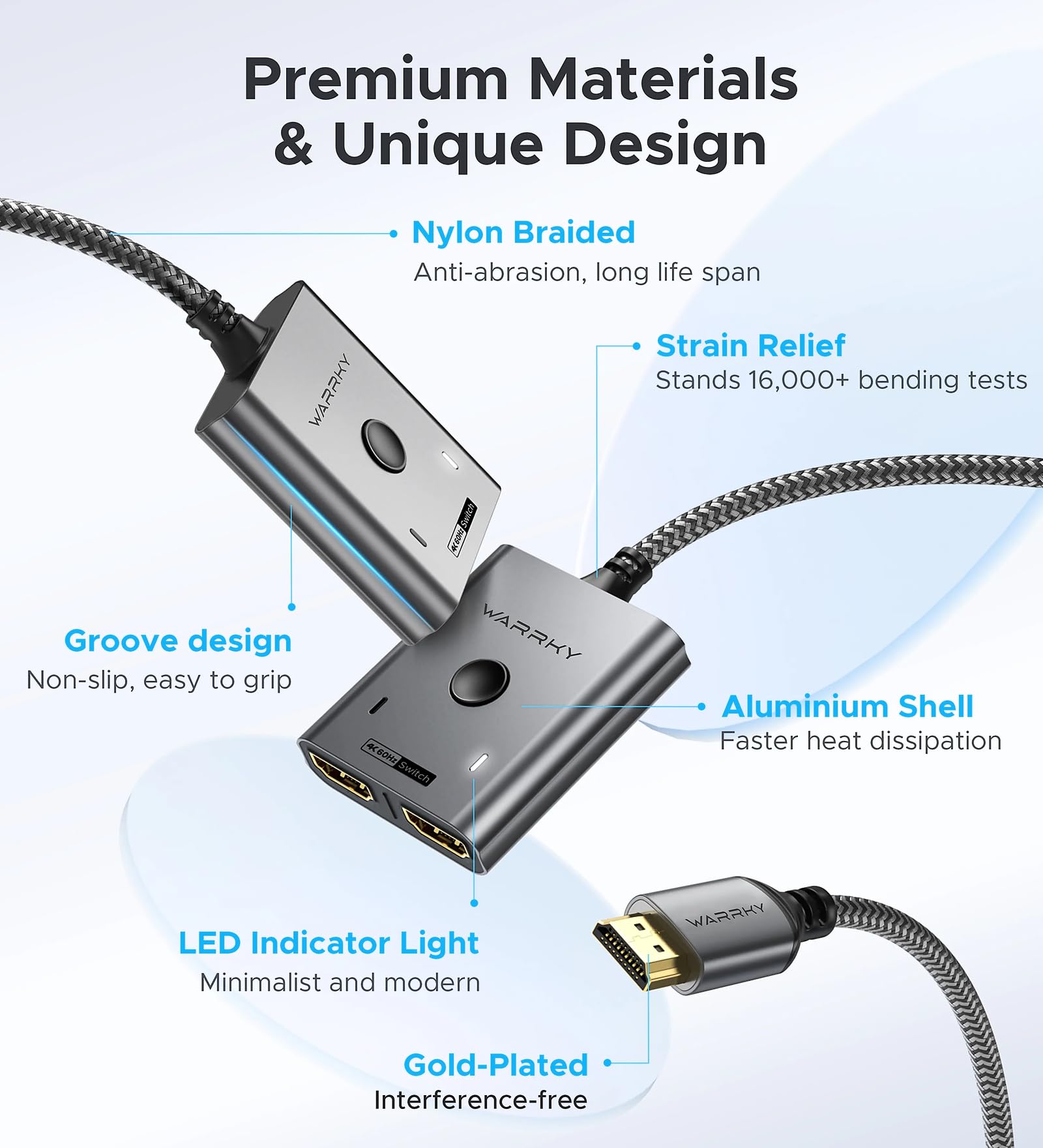 HDMI Switch 2 in 1 Out 4K@60Hz, WARRKY[with 3.3ft Fixed Braided HDMI Cable, Aluminum Case, 2K@144Hz, HDCP 2.2] Bidirectional 2x1 Switcher Splitter Compatible for PS5/4, Xbox, Roku, FireStick, Switch