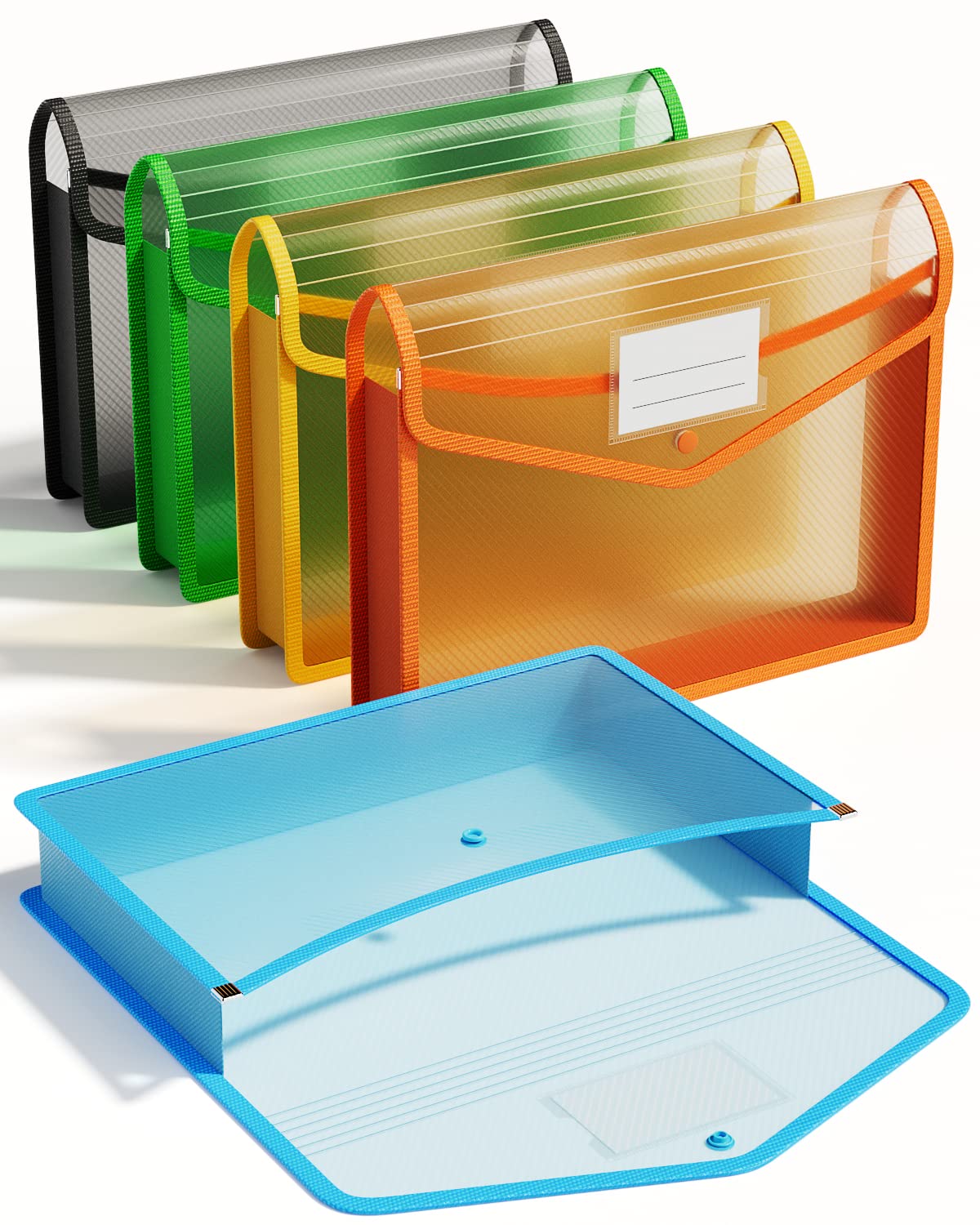 ThinkTex Plastic Expanding File Folder, Transparent envelopes with Snap Closure, No Dividers, Large Capacity, Assorted Colors, Fit Letter/A4 Size - 5 Packs