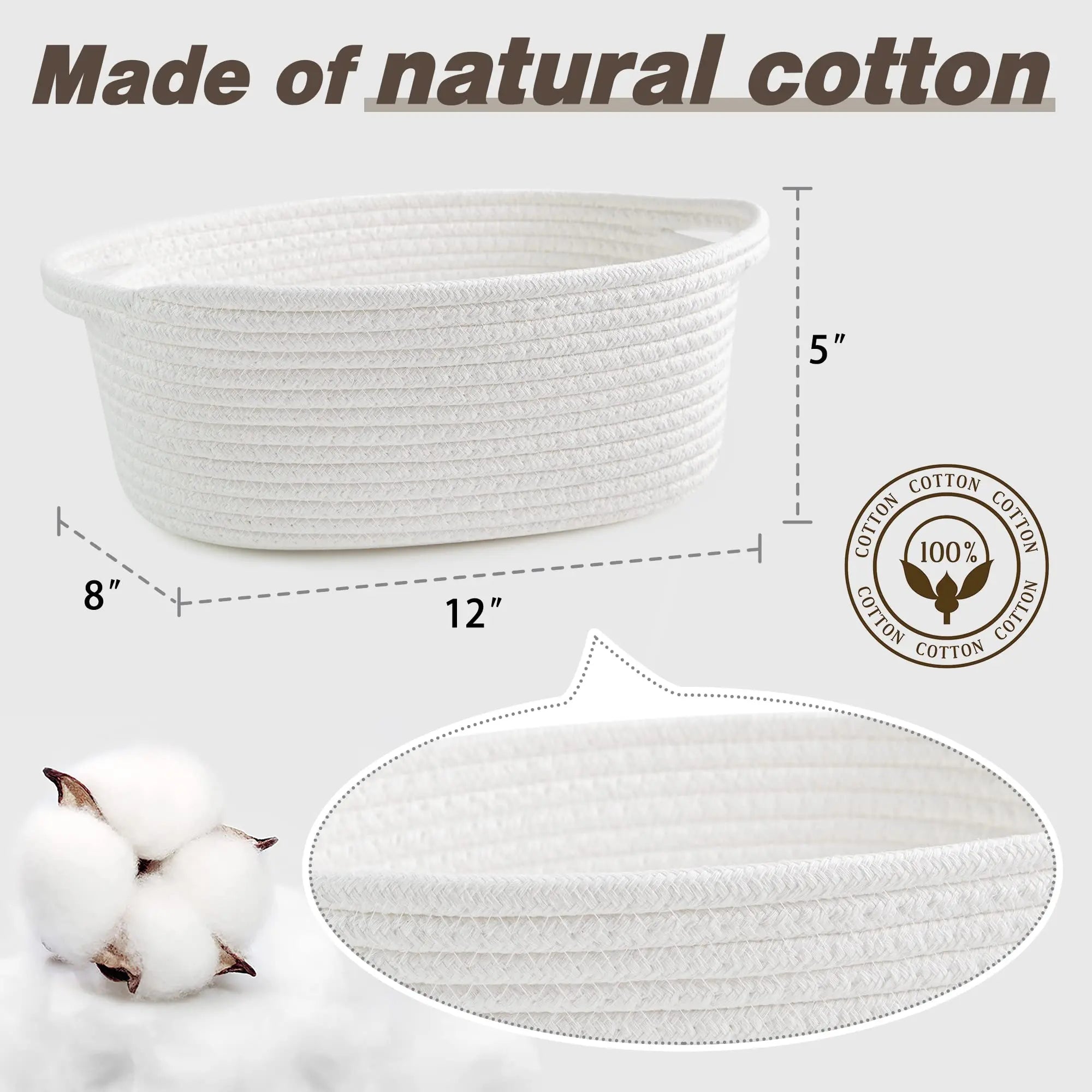 Pro Goleem Small Woven Basket with Gift Bags and Ribbons Durable Baskets for Halloween Gifts Empty Small Rope Basket for Storage 12"X 8" X 5" Baby Toy Baskets with Handles, White