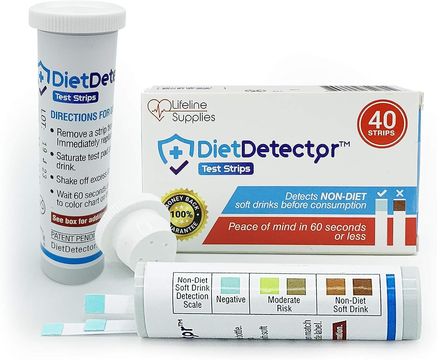 شرائط اختبار DietDetector - تكشف عن المشروبات الغازية غير المخصصة للحمية قبل تناولها عن طريق الخطأ - لا غنى عنها لمرضى السكري والمهتمين بالصحة - 40 شريطًا في العلبة