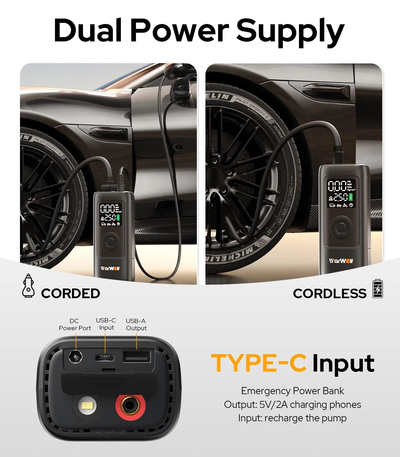 WARWOLF 160PSI Tire Inflator Portable Air Compressor - 48LPM Fast Air Pump for Car Tires: SUV, Light Truck, Motorcycle, Bike, 10000mAh with Auto Shut-Off, Digital Gauge, 12V Car Adapter, LED Light