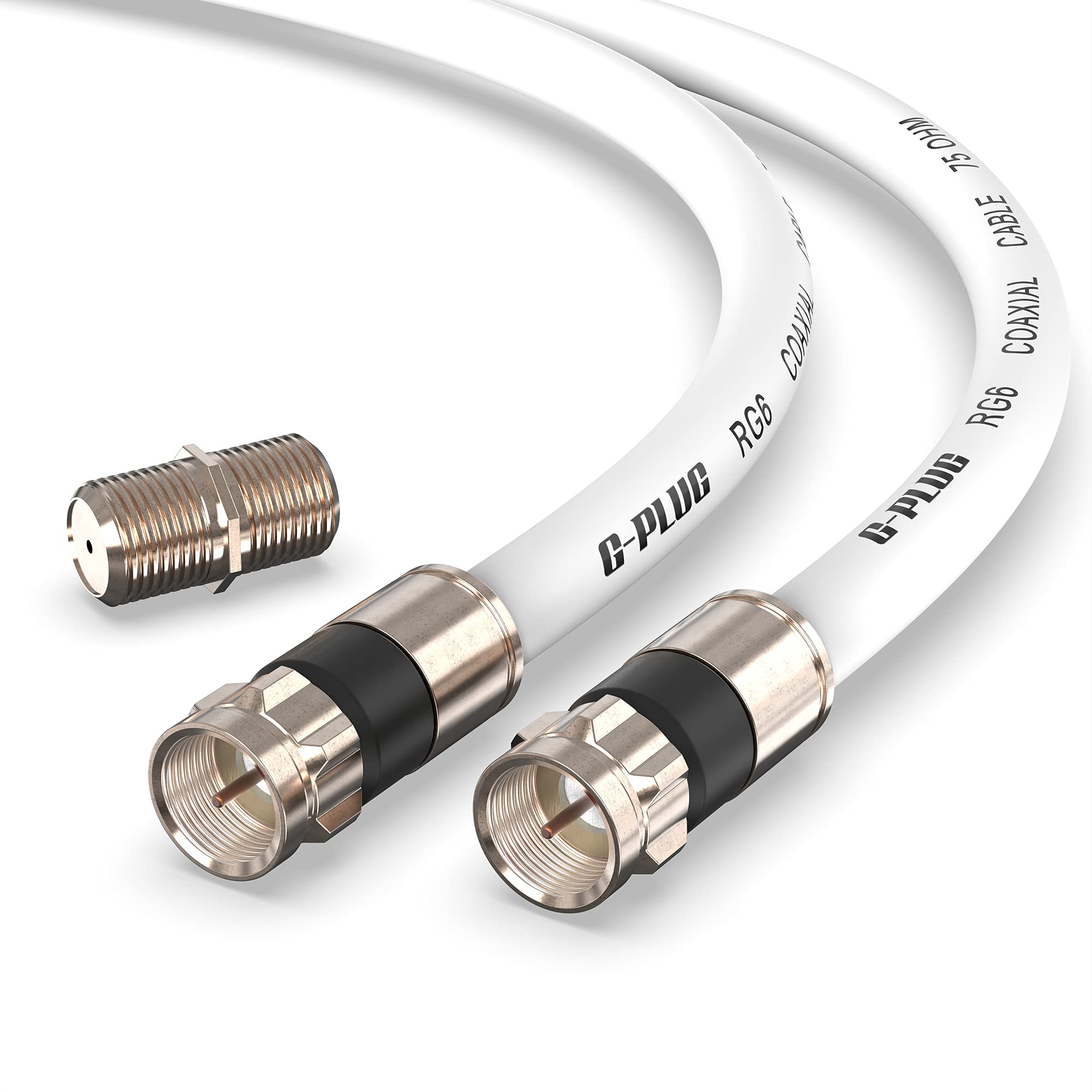 G-PLUG 10FT RG6 Koaxialkabel-Anschluss-Set – Hochgeschwindigkeits-Internet, Breitband und digitales TV-Antennenkabel, Satelliten-Sky-Kabelverlängerung – Wetterfester doppelter Gummi-O-Ring und Kompressionsanschlüsse Weiß