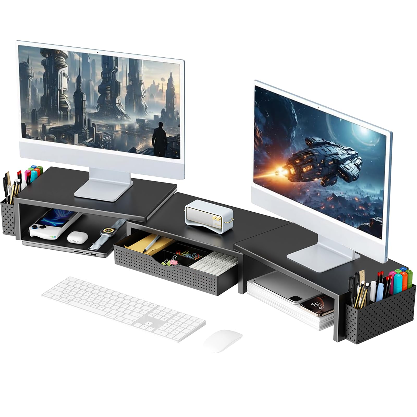 gianotter Dual-Monitorständer, Schreibtisch-Organizer mit Schublade und 2 Stifthaltern, Computermonitorständer, Schreibtischablage, Schwarz