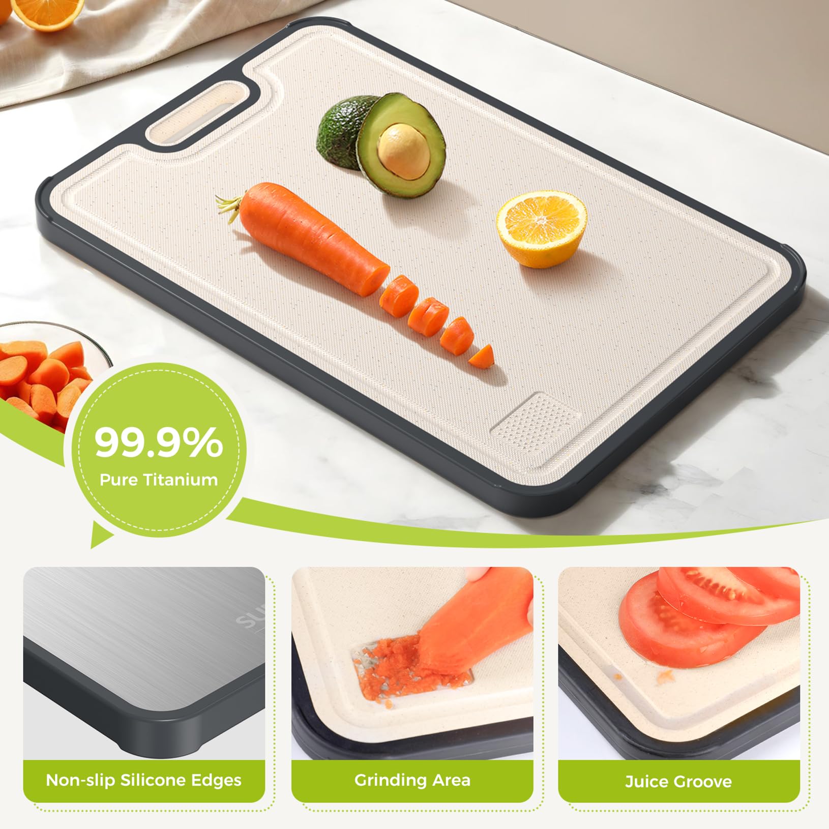 Titanium Cutting Board for Kitchen, Cutting Board Double Sided Food Grade, Pure Titanium and Wheat Straw PP, Easy to Clean Large Size 16”×11”
