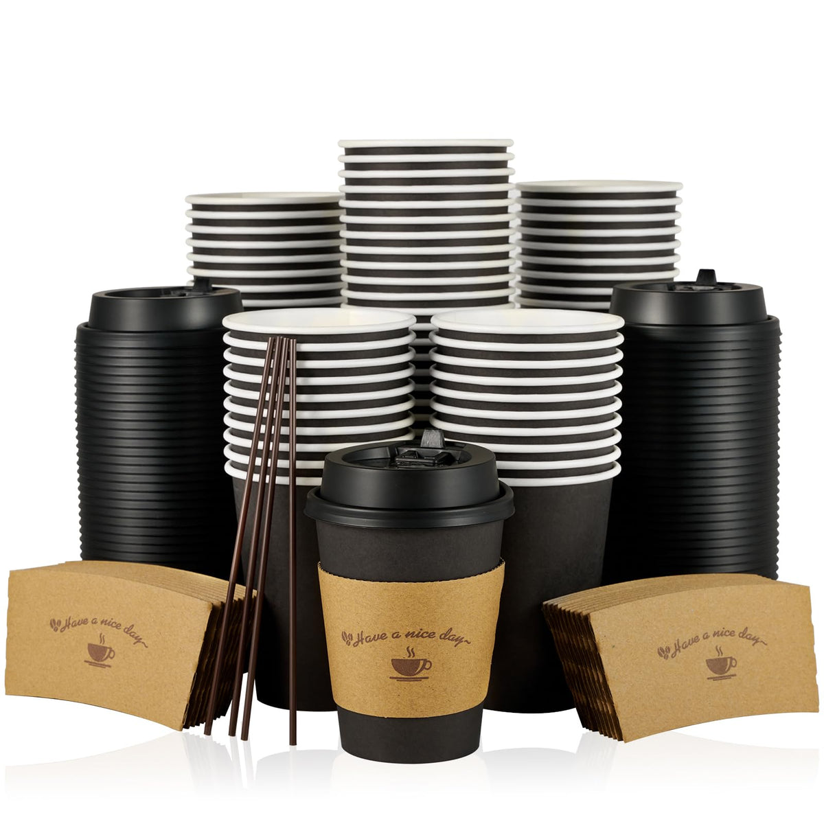 LITOPAK 100 Stück 355 ml Kaffeebecher aus Papier für heiße Getränke, schwarze Einweg-Kaffeebecher mit Deckel, Manschetten und Rührstäbchen für Partys, Picknicks, Reisen und Veranstaltungen