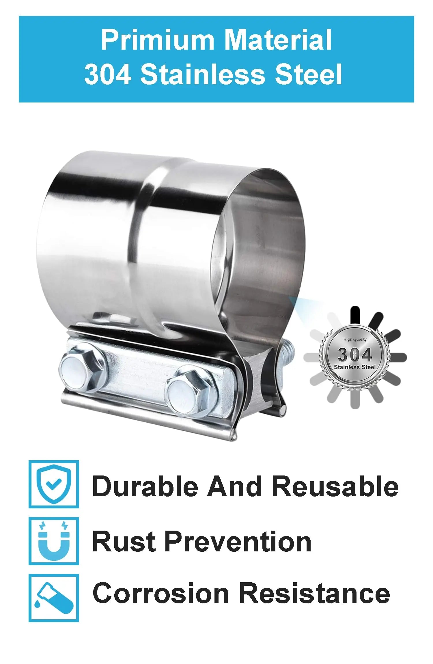 DecoHongDi 2.5 Inch Exhaust Clamps 2 Packs,2 1/2in Lap Joint Band Clamp 304 Stainless Steel for Muffler Pipe Repair,Catalytic Converters