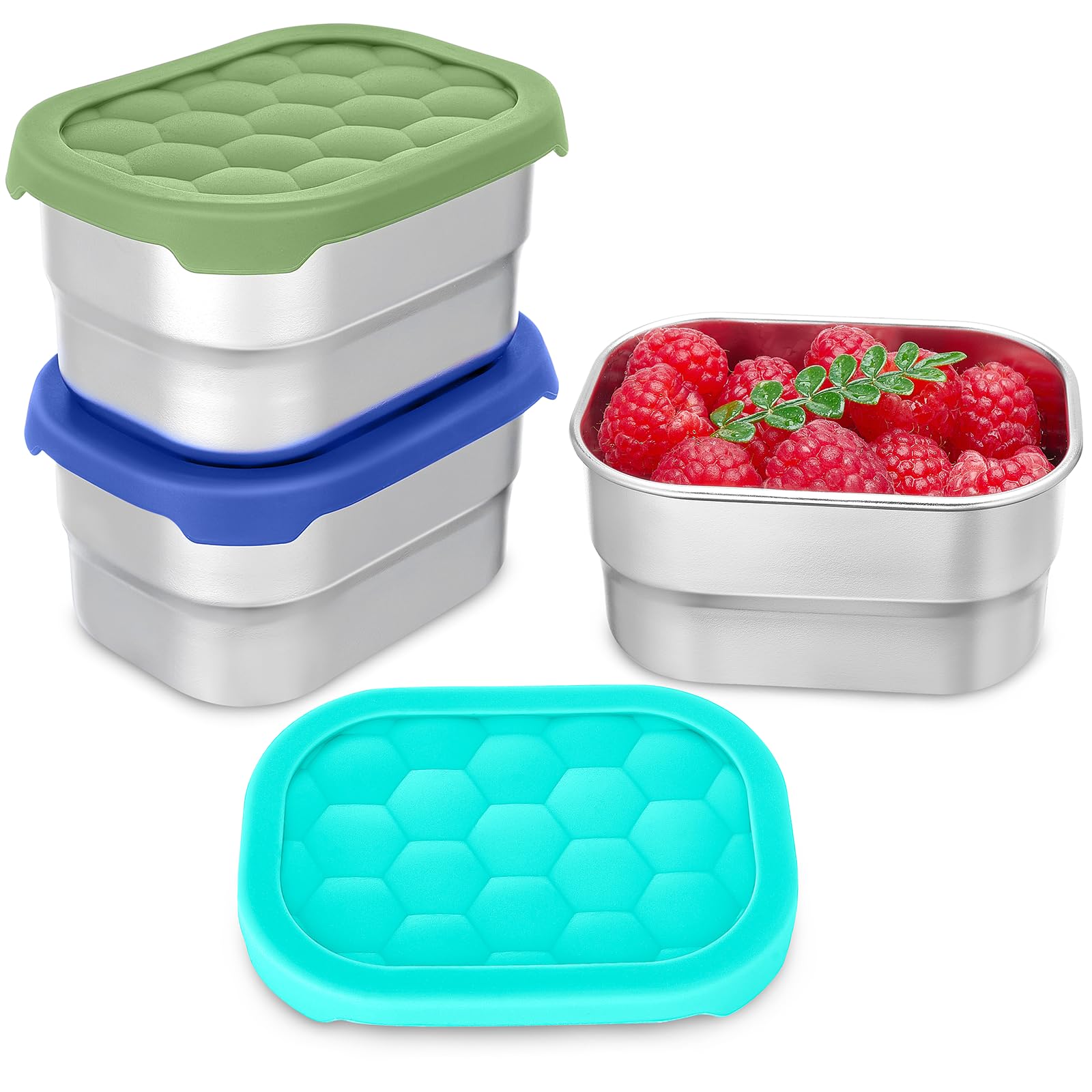 Gencywe 3er-Pack Edelstahl-Snackbehälter für Kinder, 240 ml, leicht zu öffnende, auslaufsichere kleine Snackbehälter für Kleinkinder mit Silikondeckeln, stapelbare Metall-Brotdose für Kita und Schule (Blau)