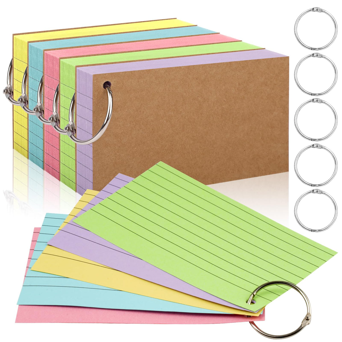 350 Pcs Index Cards With Ring, 3x5 Inches Flash Cards With Rings,Colored Heavy Notecards With Ring, Punched Lined Study Cards For School, College, Home, Office, Memory, To Do List (5 Colors)