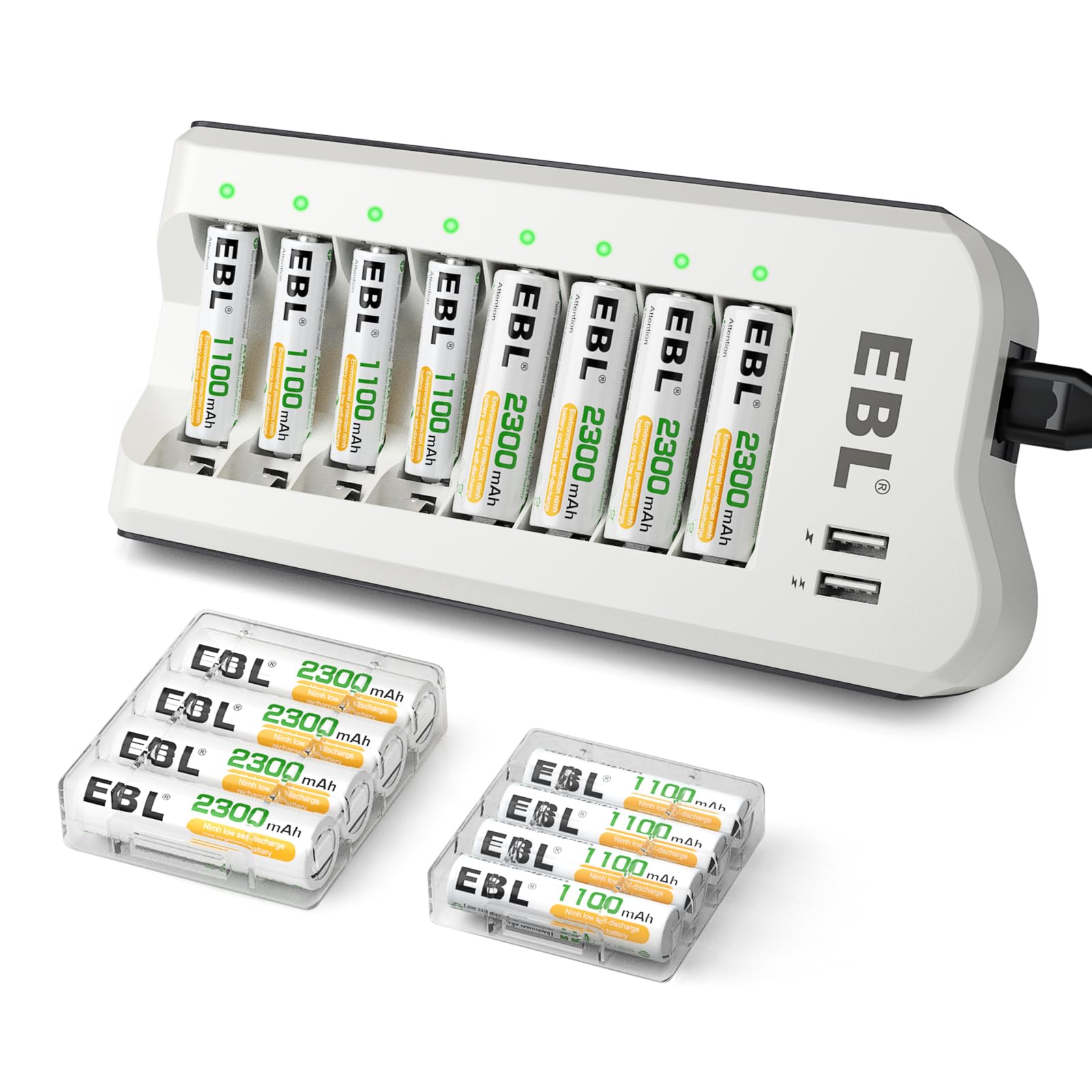 EBL AA 2300mAh (8er-Pack) und AAA 1100mAh (8er-Pack) Ni-MH Akkus und AA-AAA-Akkuladegerät mit 2 USB-Ladeanschlüssen