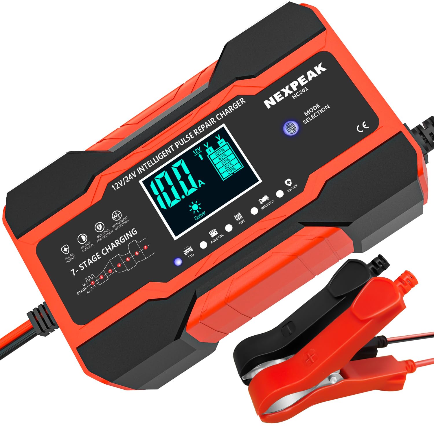 NEXPEAK NC201 10-Amp Batterieladegerät, intelligentes Erhaltungsladegerät 12V 24V Autobatterieladegerät vollautomatischer Batteriewartung und Desulfator mit Temperaturausgleich für Auto, LKW, Rasenmäher, Boot, Marinebatterien