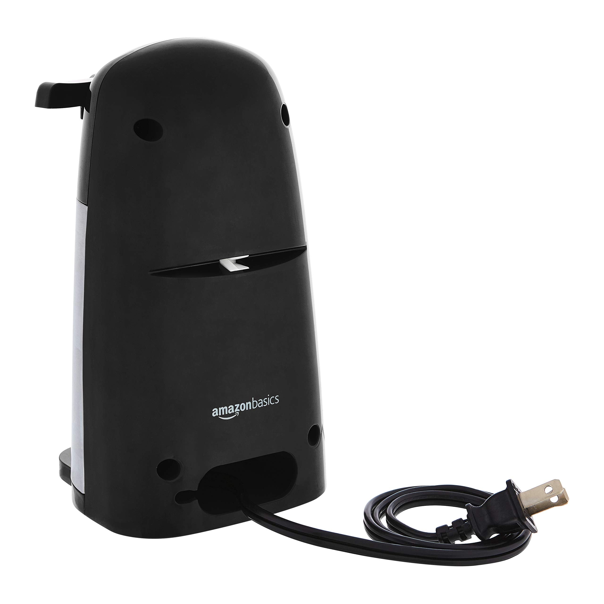 Amazon Basics 3-In-1 Electric Can Opener, Bottle Opener and Knife Sharpener, with Stainless Steel Blade, Magnetic Lid Holder, Automatic, Countertop, 50W, Black