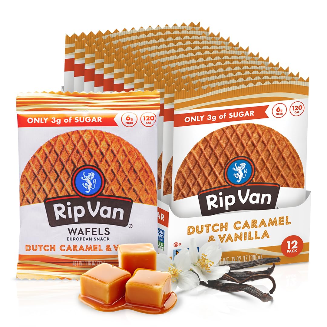 Rip Van Wafels Dutch Caramel & Vanilla Stroopwafels, gesunde Snacks, gentechnikfrei, kalorienarm, zuckerarm (3 g), Büro-Snacks, Keto-freundlich, 12 Stück