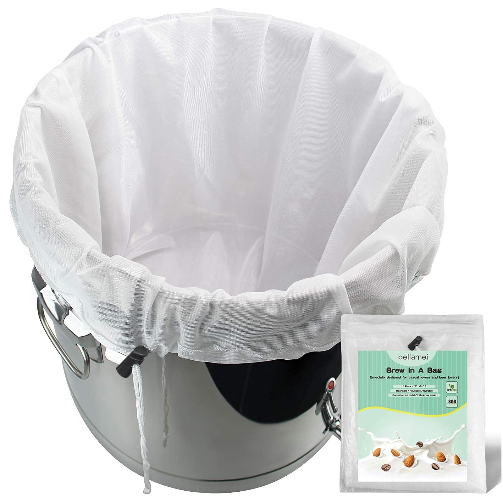 Bellamei Brew Bags Extra Large Reusable 2 Pack 250 Micron Fine Mesh Bag for Fruit Cider Apple Grape Wine Press Drawstring Straining Brew in a Bag (2 pack-22"×26")
