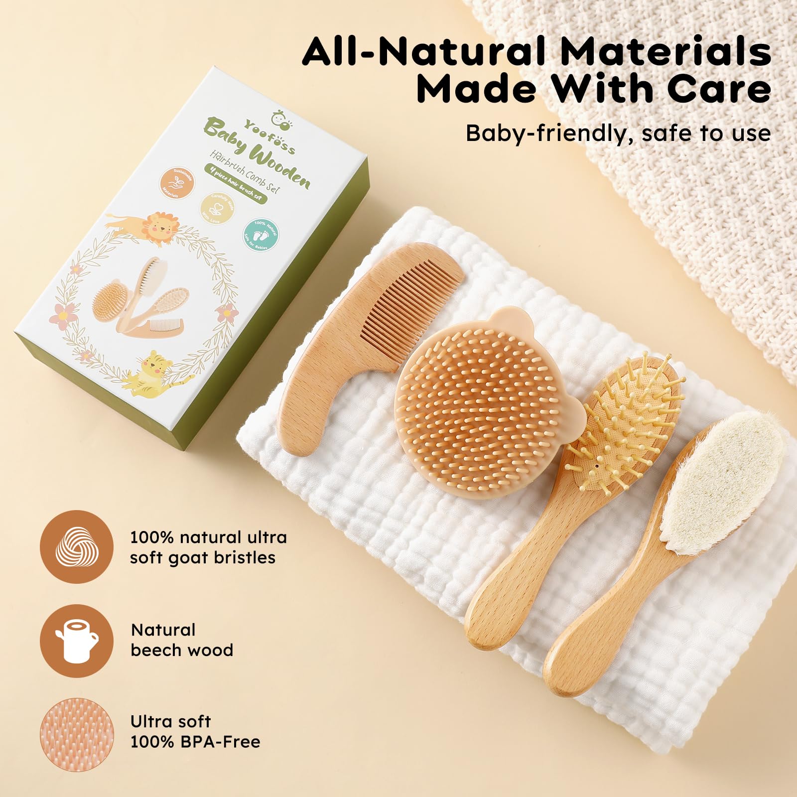 Yoofoss 4 Piece Baby Brush and Comb Set, Wooden Baby Brush with Natural Ultra Soft Goat Hair, Baby Hair Brush for Newborn, Baby Brush Set for Boy Girl