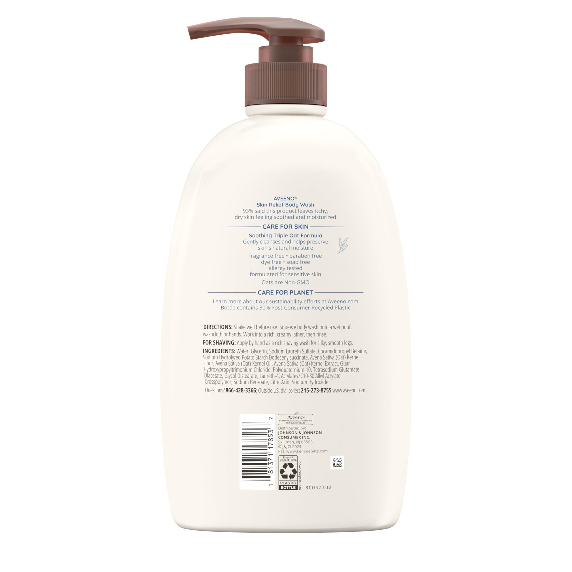 Aveeno Skin Relief Fragrance Free Body Wash, Triple Oat Formula, Gentle Daily Cleanser for Itchy Dry Sensitive Skin, Soap & Paraben Free, Soothes & Moisturizes, 33 fl oz