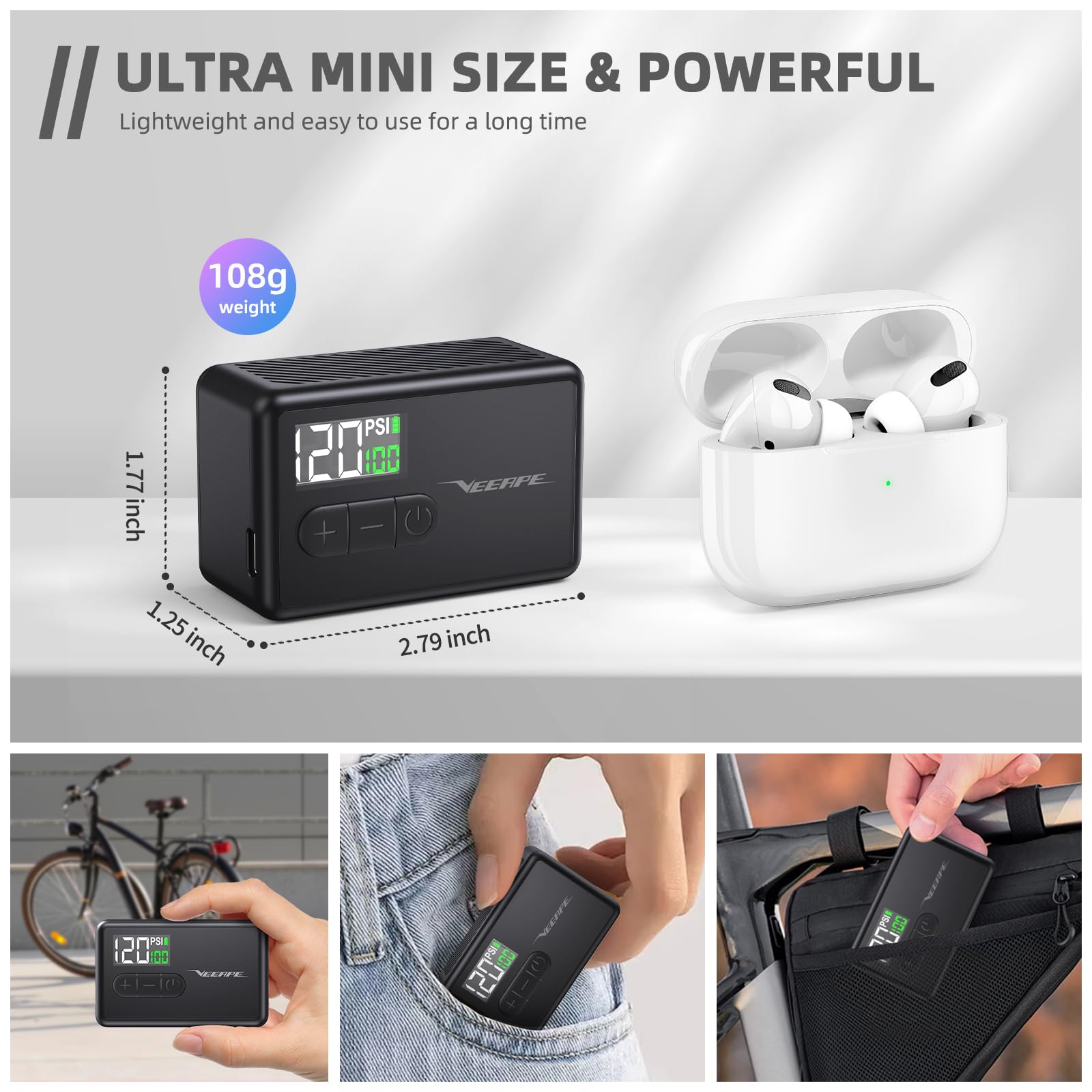 VEEAPE Tiny Pump Mini Bike Tire Pump - Max 120PSI Portable Electric Bicycle Pump - Type-C Rechargeable Battery Air Pump - Bicycle Inflator with Presta and Schrader Valve for E-Bikes & Various Bicycles