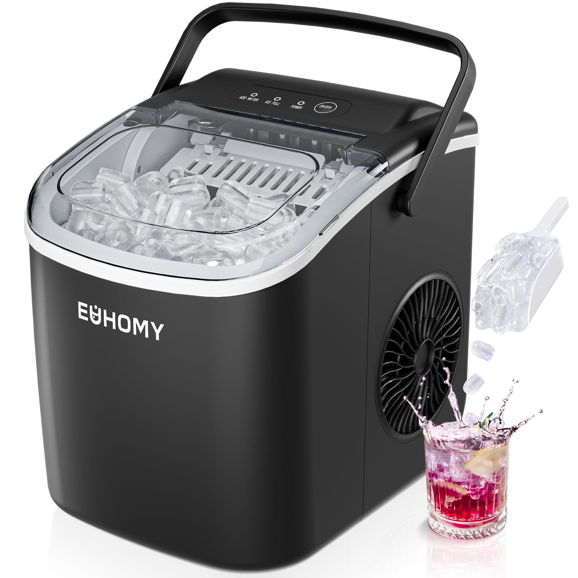 EUHOMY Eiswürfelbereiter für die Arbeitsplatte mit Griff, 26 lbs in 24 Stunden, 9 Eiswürfel in 6 Minuten, tragbarer Eiswürfelbereiter mit Selbstreinigungsfunktion, Korb und Schaufel, für Zuhause/Küche/Camping/Wohnmobil. (Schwarz)